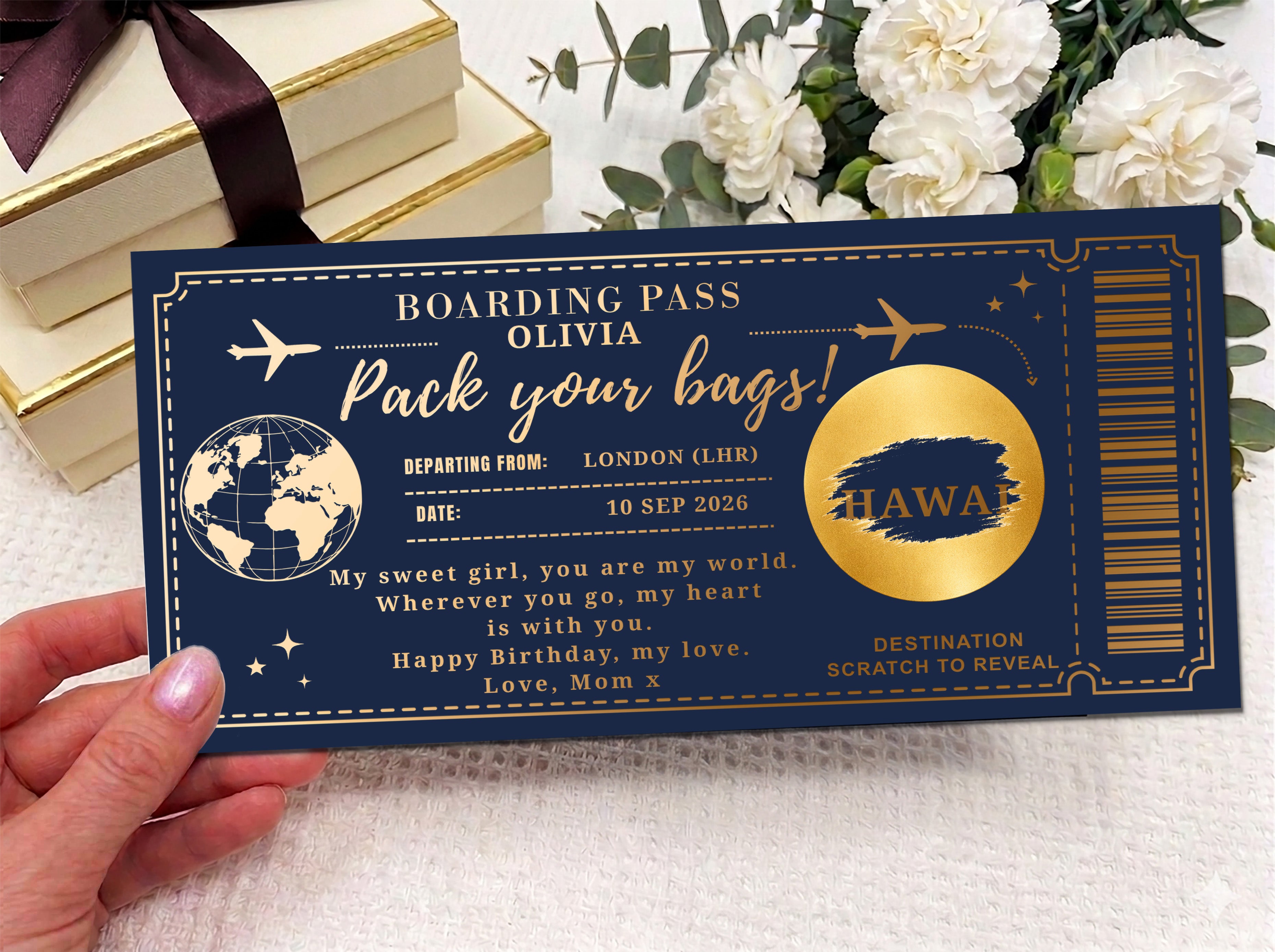 Personalized Boarding Pass Gift Voucher, Physical Travel Gift Ticket, Scratch Off Trip Reveal, Premium Printed Certificate 3 Colors