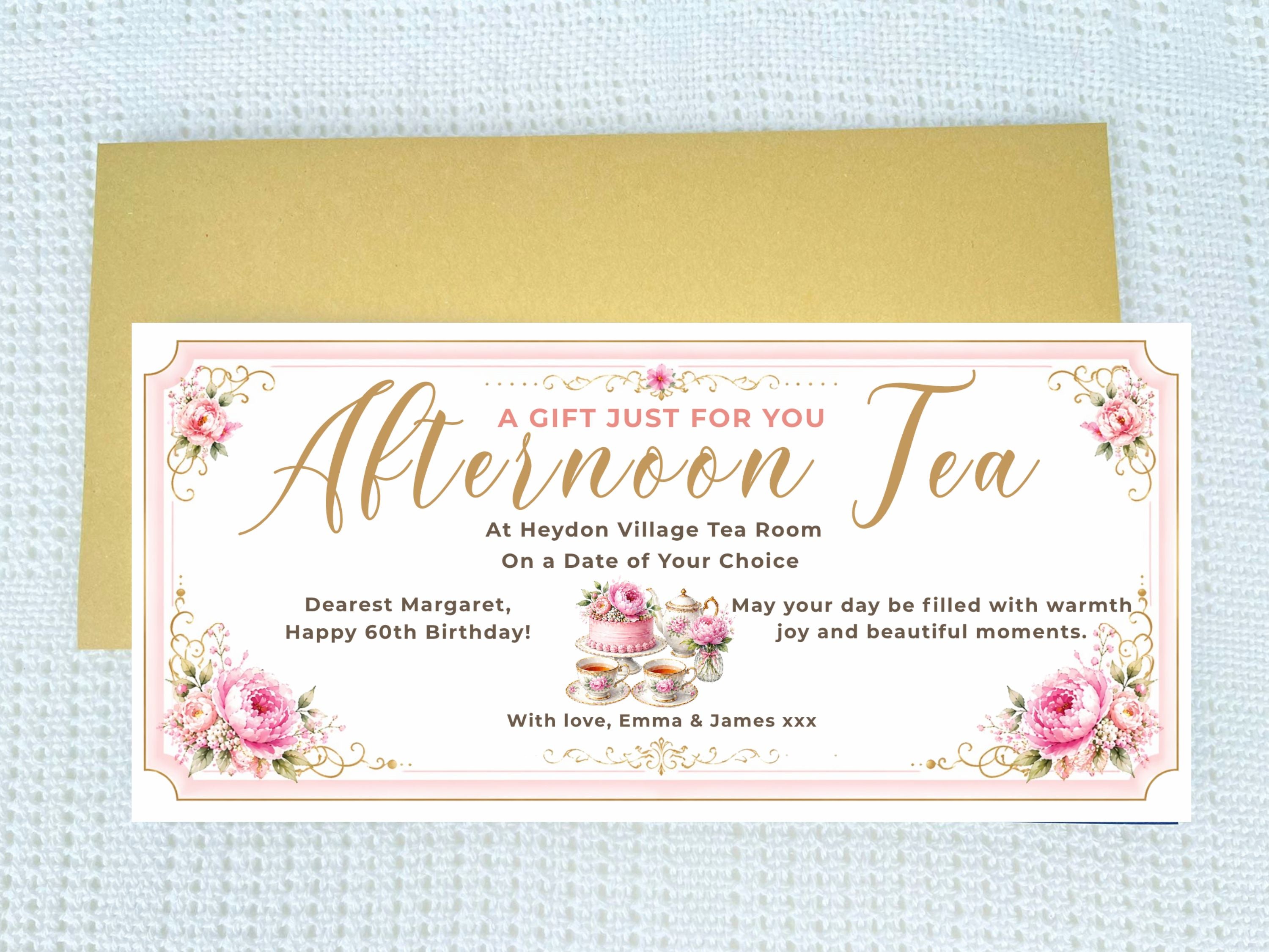 Personalised Afternoon Tea Gift Voucher Card – Elegant Floral Vintage Design