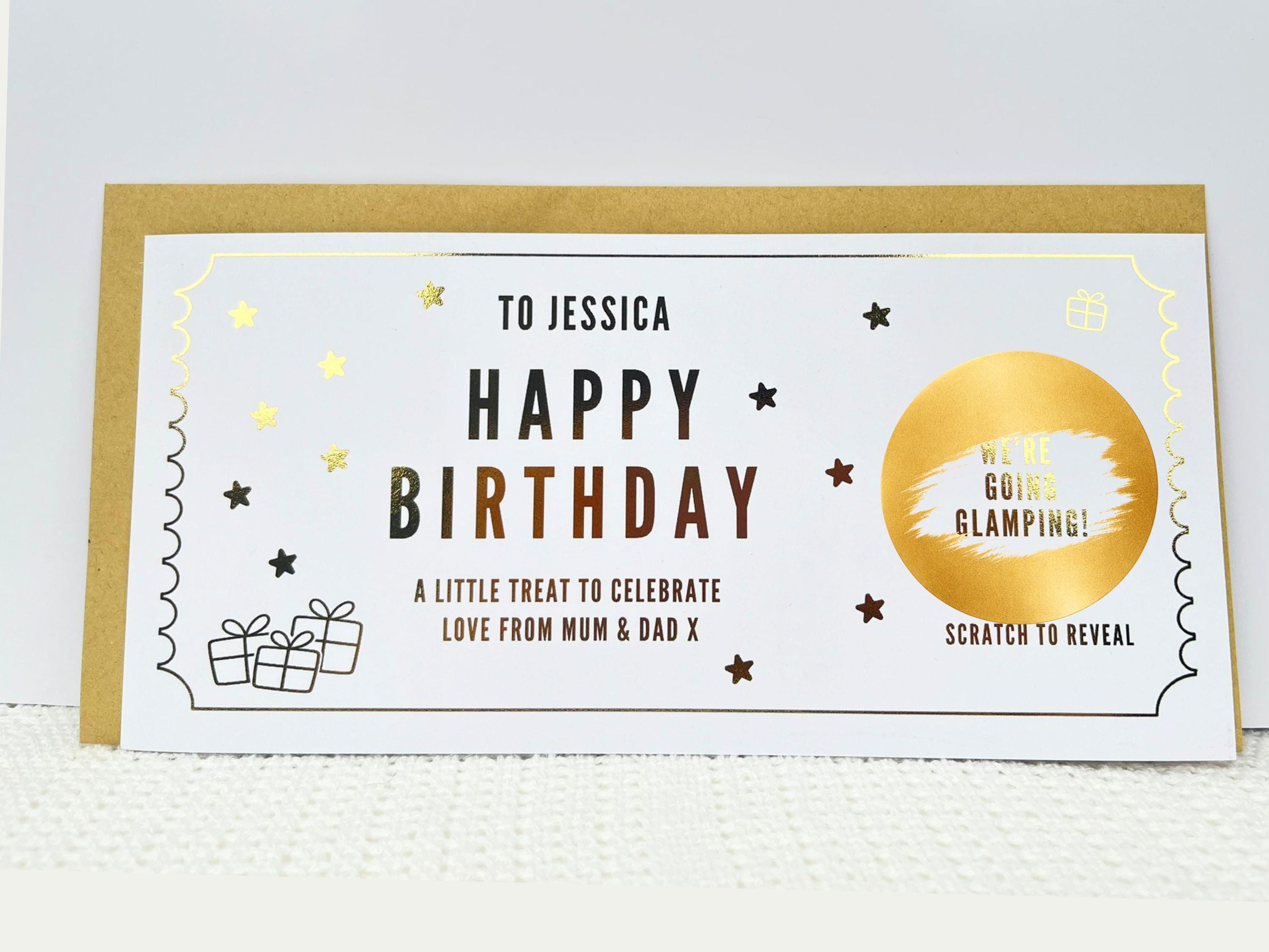 Golden Birthday Scratch Card Voucher, Personalised Surprise Gift Ticket