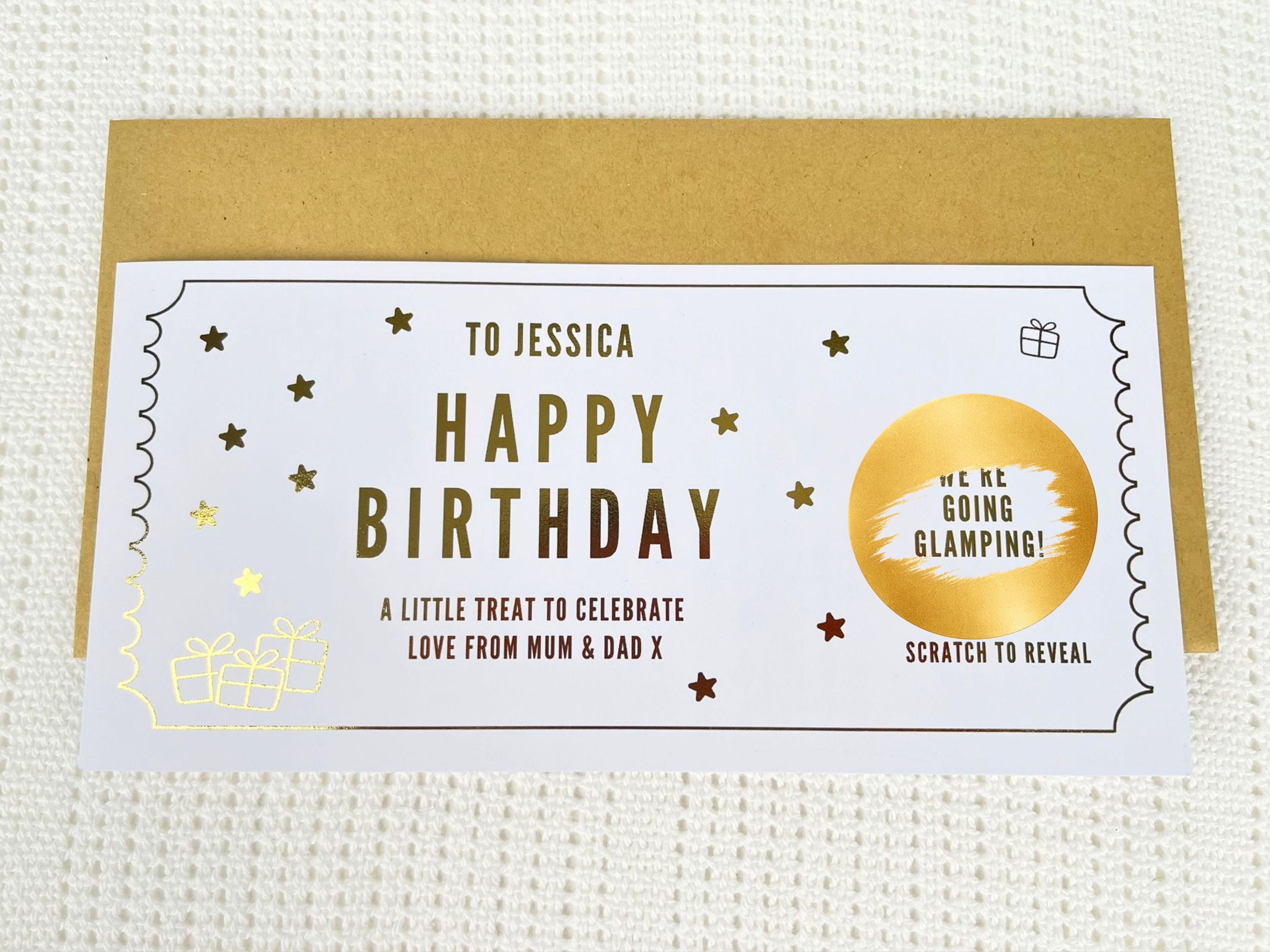 Golden Birthday Scratch Card Voucher, Personalised Surprise Gift Ticket