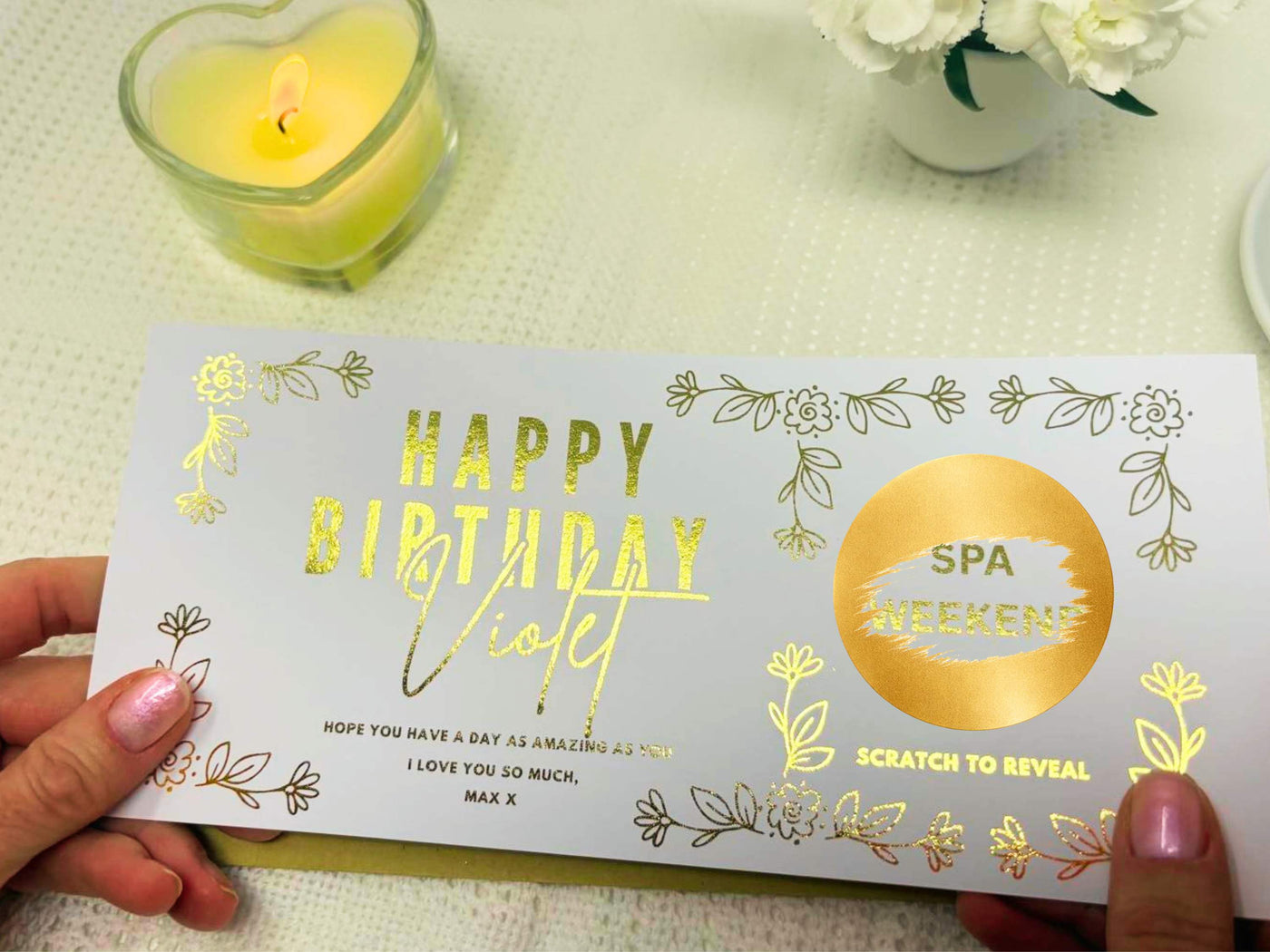 Floral Birthday Scratch Off Card, Personalised Surprise Voucher Gift