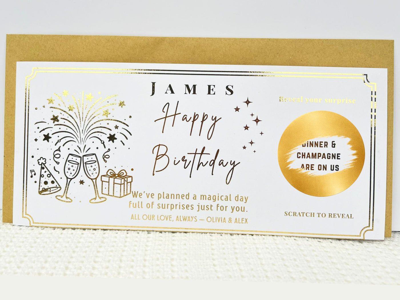 Birthday Scratch Off Card with Champagne, Personalised Surprise Voucher Gift