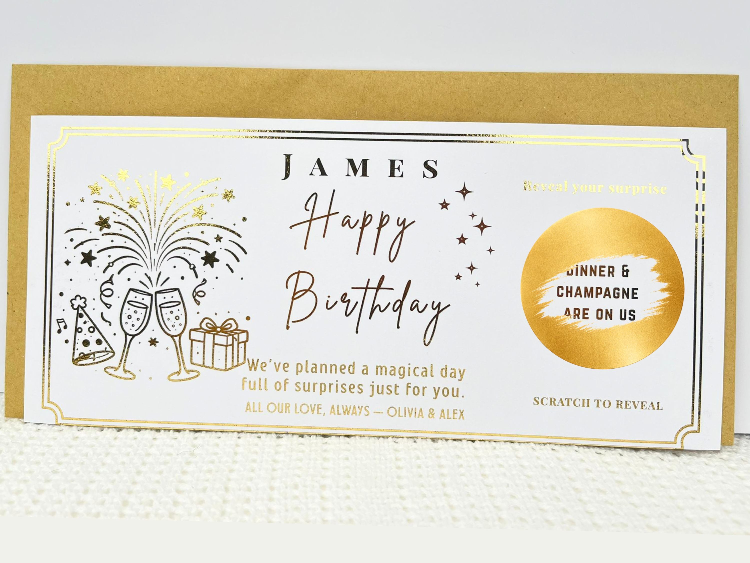 Birthday Scratch Off Card with Champagne, Personalised Surprise Voucher Gift