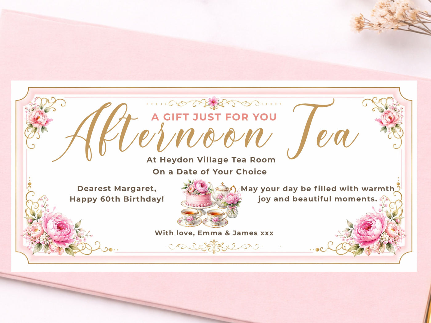 Personalised Afternoon Tea Gift Voucher Card – Elegant Floral Vintage Design