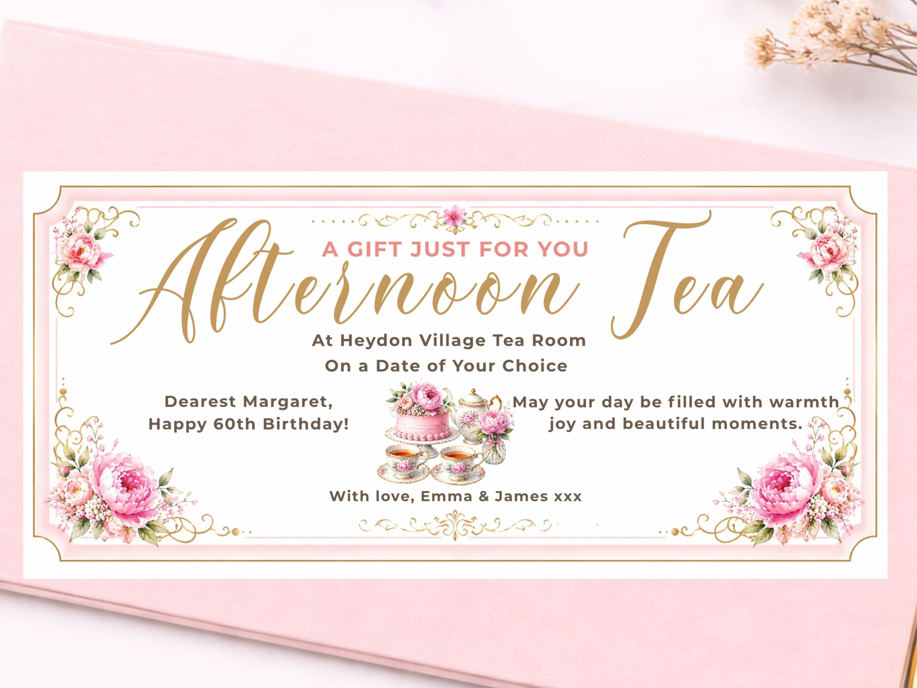 Personalised Afternoon Tea Gift Voucher Card – Elegant Floral Vintage Design