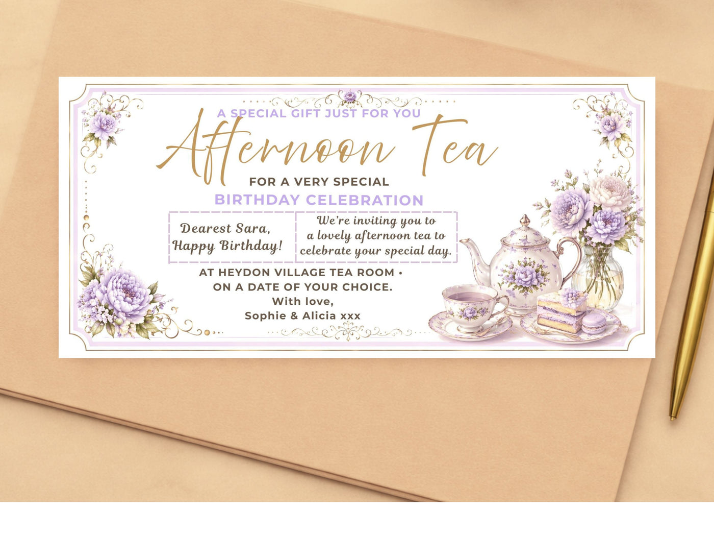 Personalised Afternoon Tea Birthday Voucher Card – Floral Design (Physical Card)