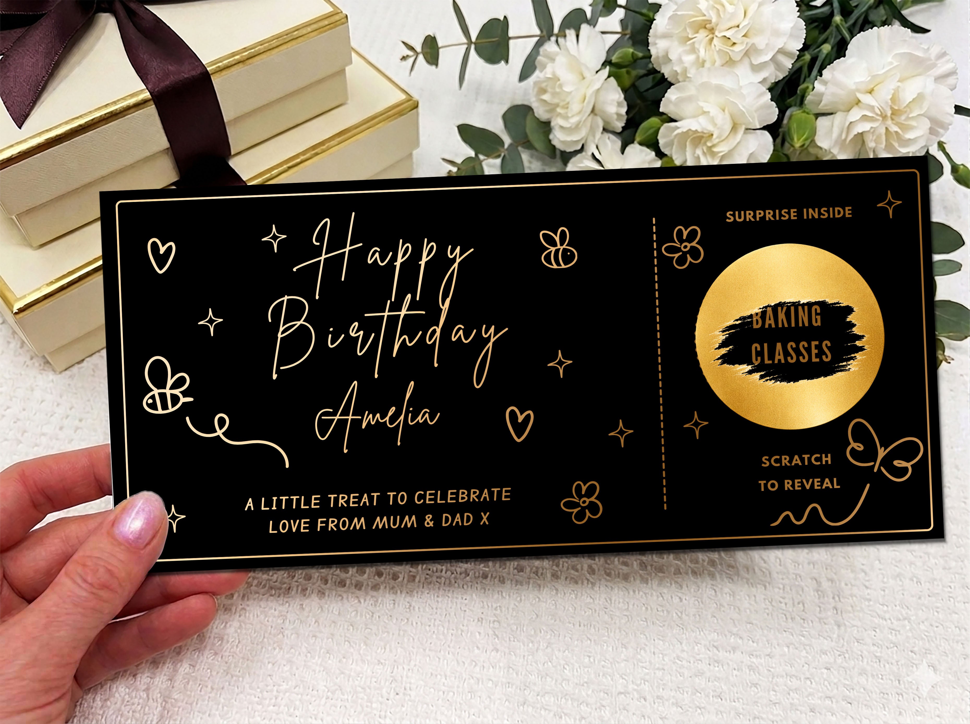 Personalised Golden Nature Scratch Card - Bees and Butterflies Surprise Experience Voucher