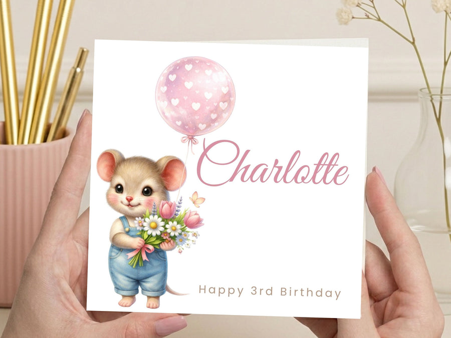 Personalised Birthday Card for Children (Ages 1–9) – Cute Mouse Birthday Illustration