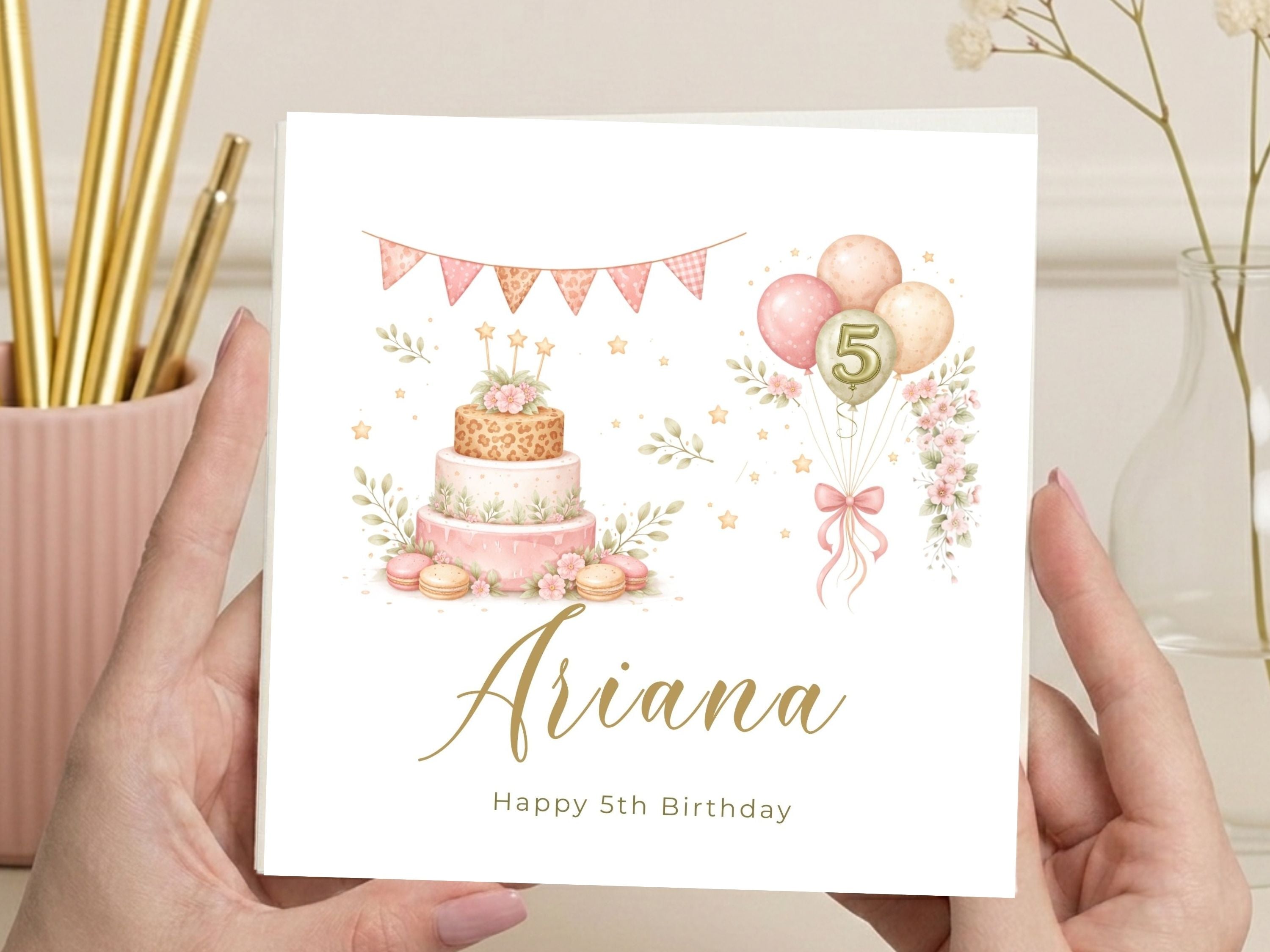 Personalised 5th Birthday Card for Girls | Cake & Balloons