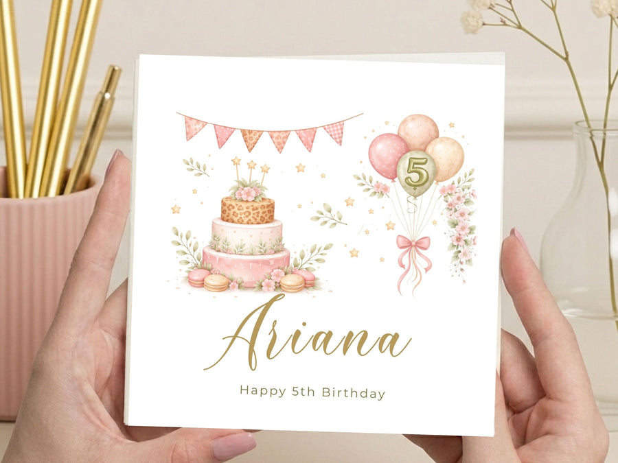 Personalised 5th Birthday Card for Girls | Cake & Balloons