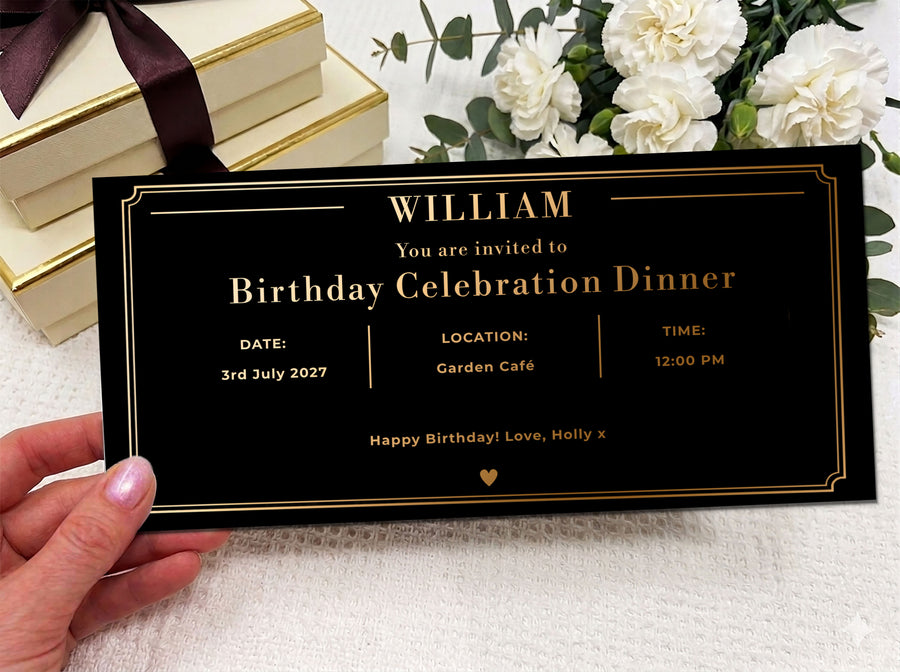 Personalised Birthday Dinner Invitation Card – Luxury Printed Voucher UK