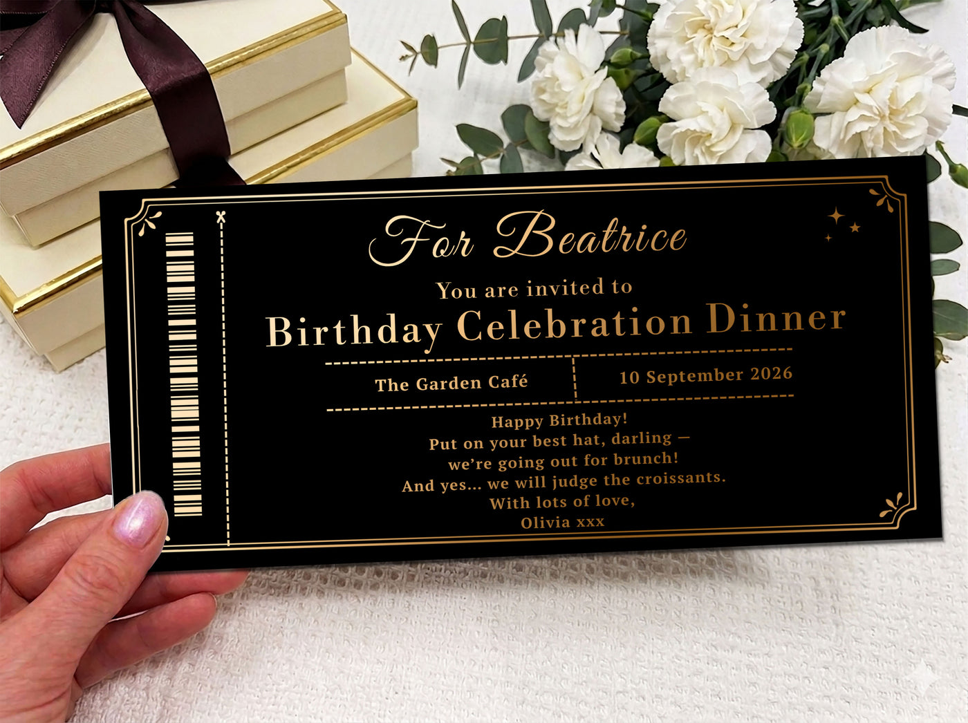 Personalised Birthday Dinner Voucher Card – Luxury Black Gold Printed Invitation UK