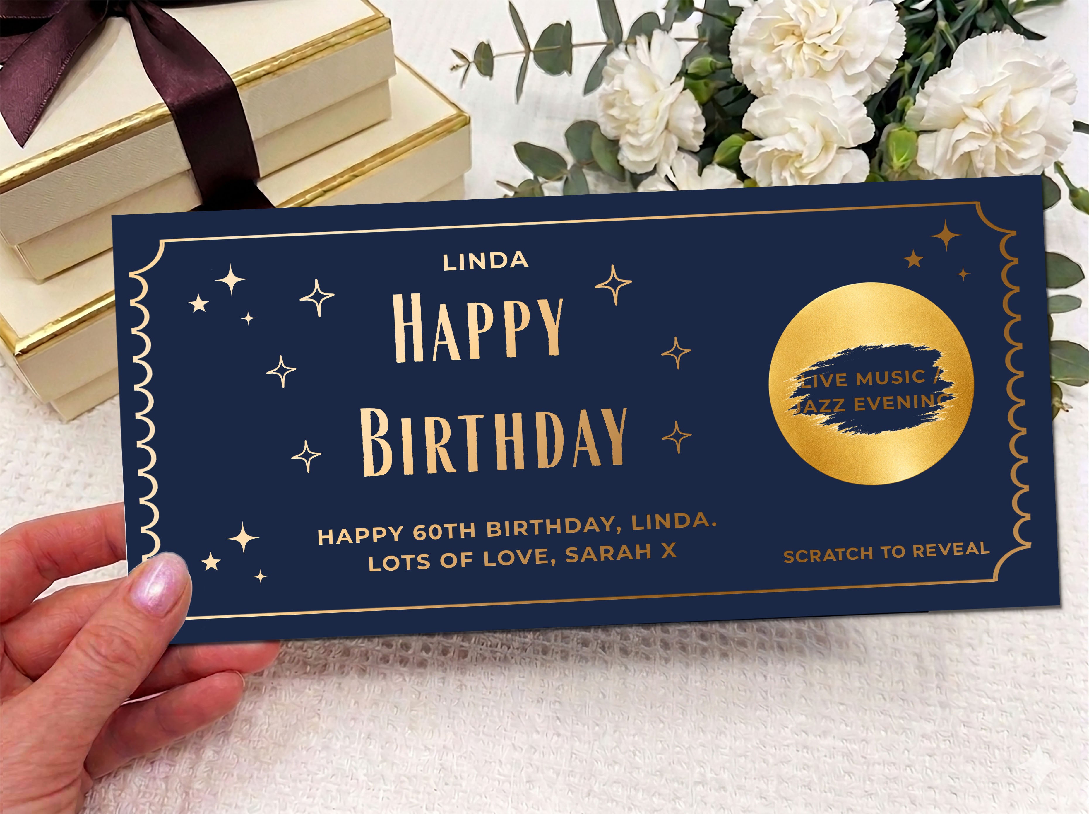 Personalised 60th Birthday Scratch & Reveal Gift Voucher - Elegant Gold Foil Gift Card