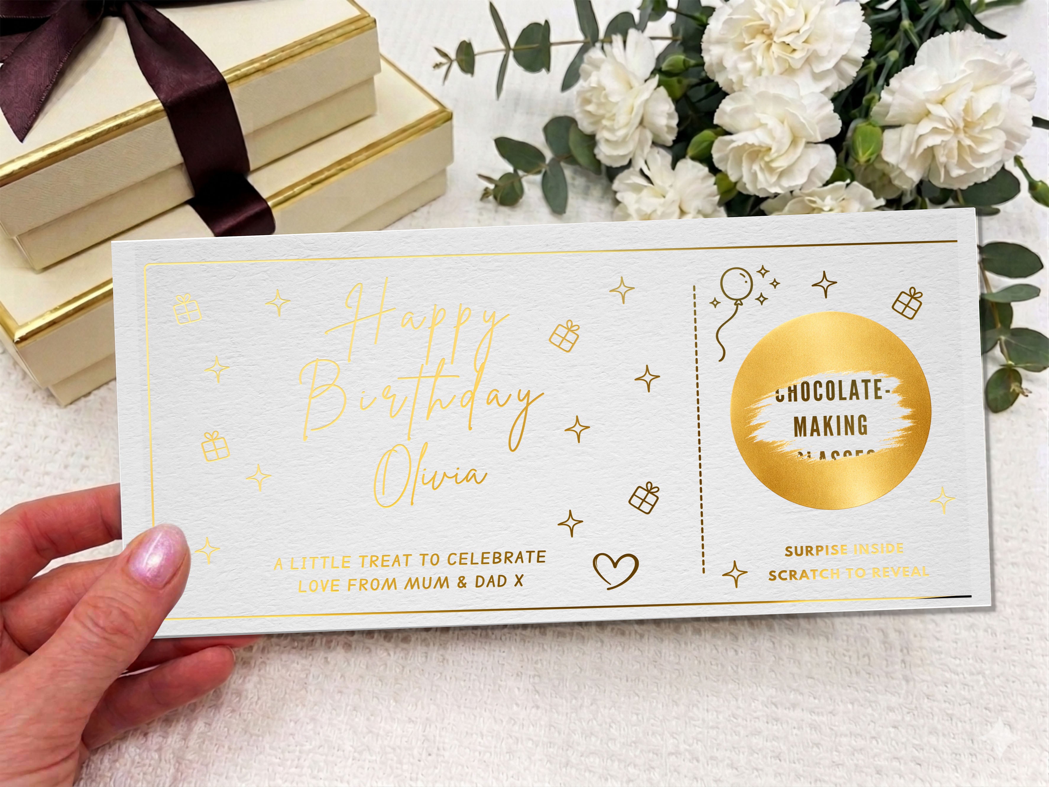 Personalised Birthday Gift Scratch Card - Gold Icons Surprise Reveal Ticket for Any Experience