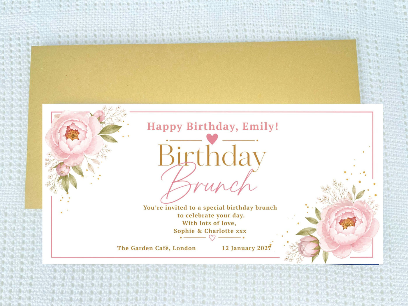 Personalised Birthday Brunch Card – Elegant Blush Pink Peony Floral Invitation