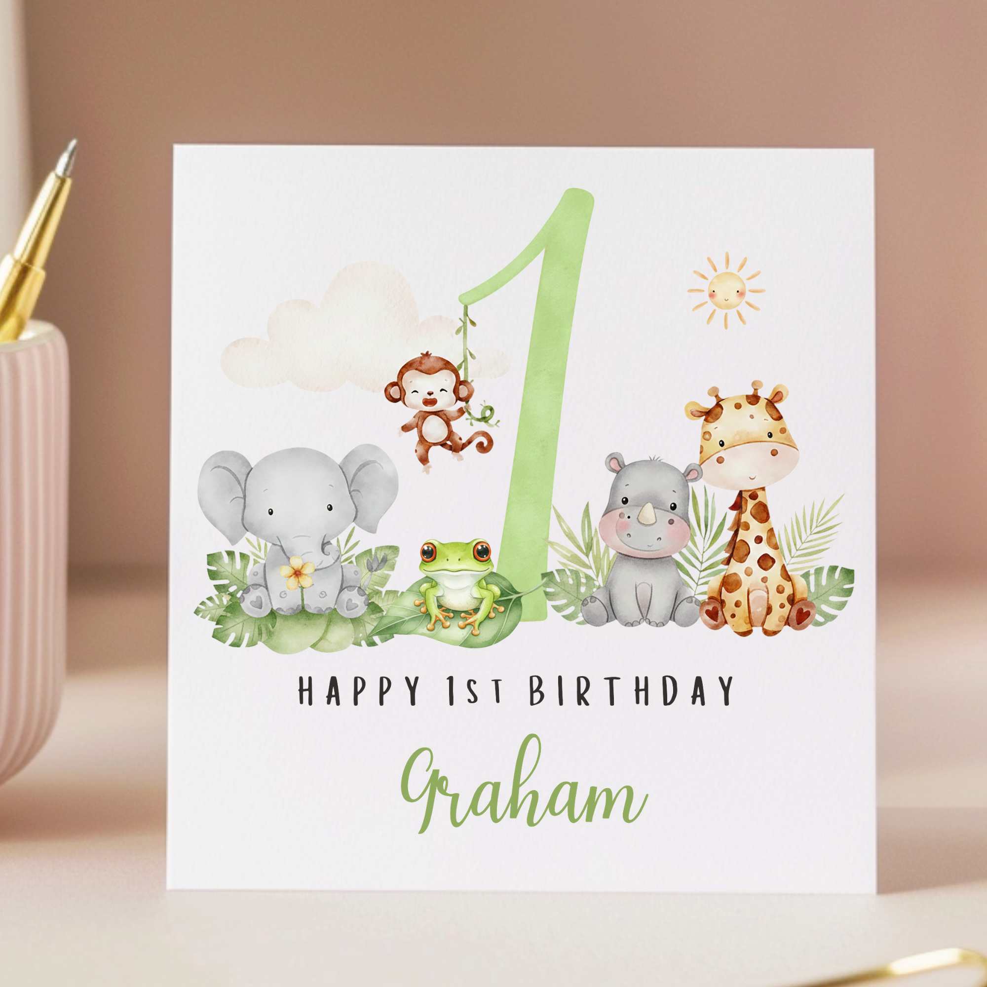 Personalised Milestone Safari Animals 1st Birthday Card for Boys