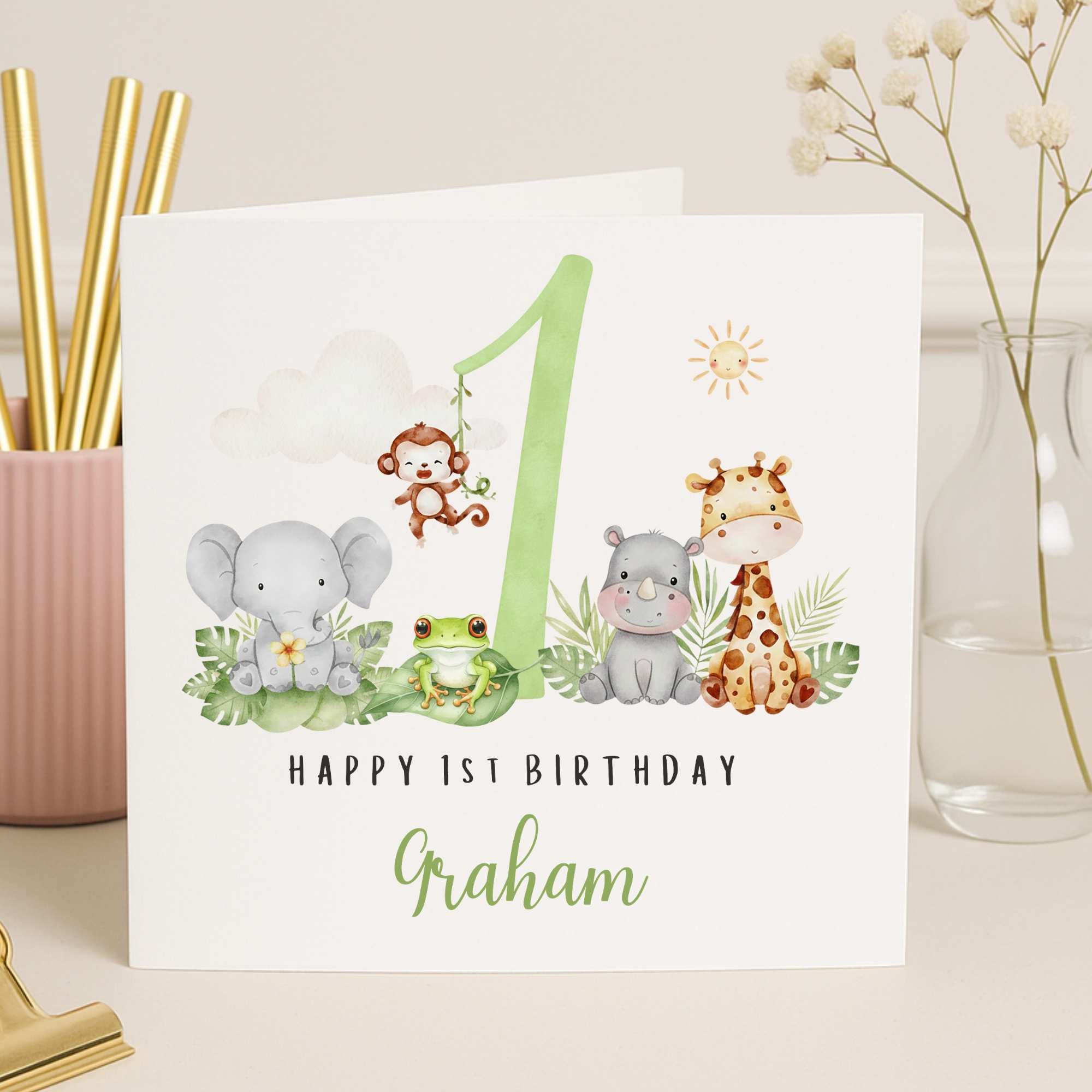 Personalised Milestone Safari Animals 1st Birthday Card for Boys