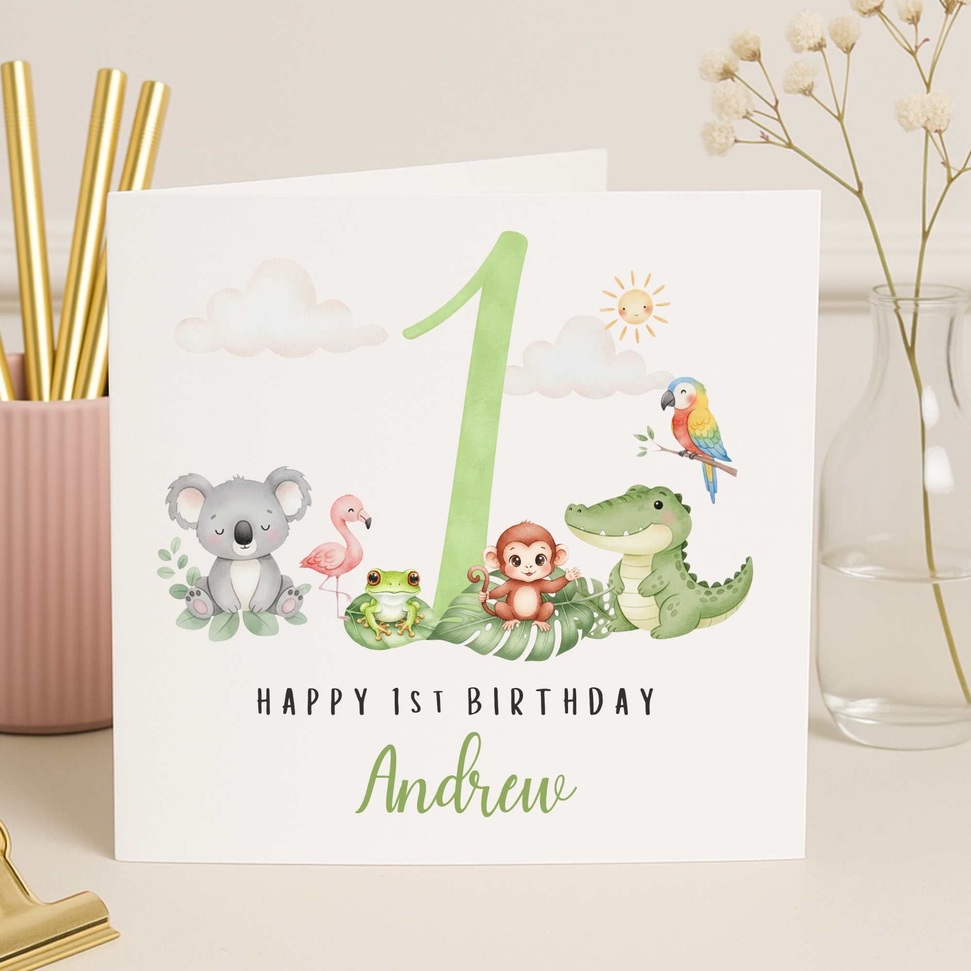 Personalised Safari Animals First Birthday Card for Boy