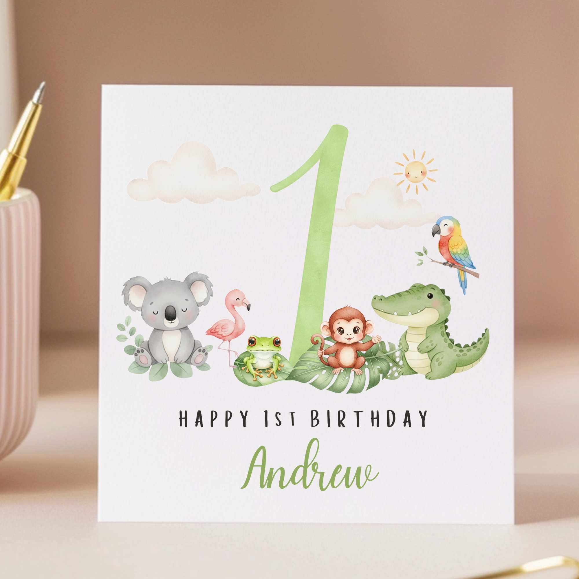Personalised Safari Animals First Birthday Card for Boy