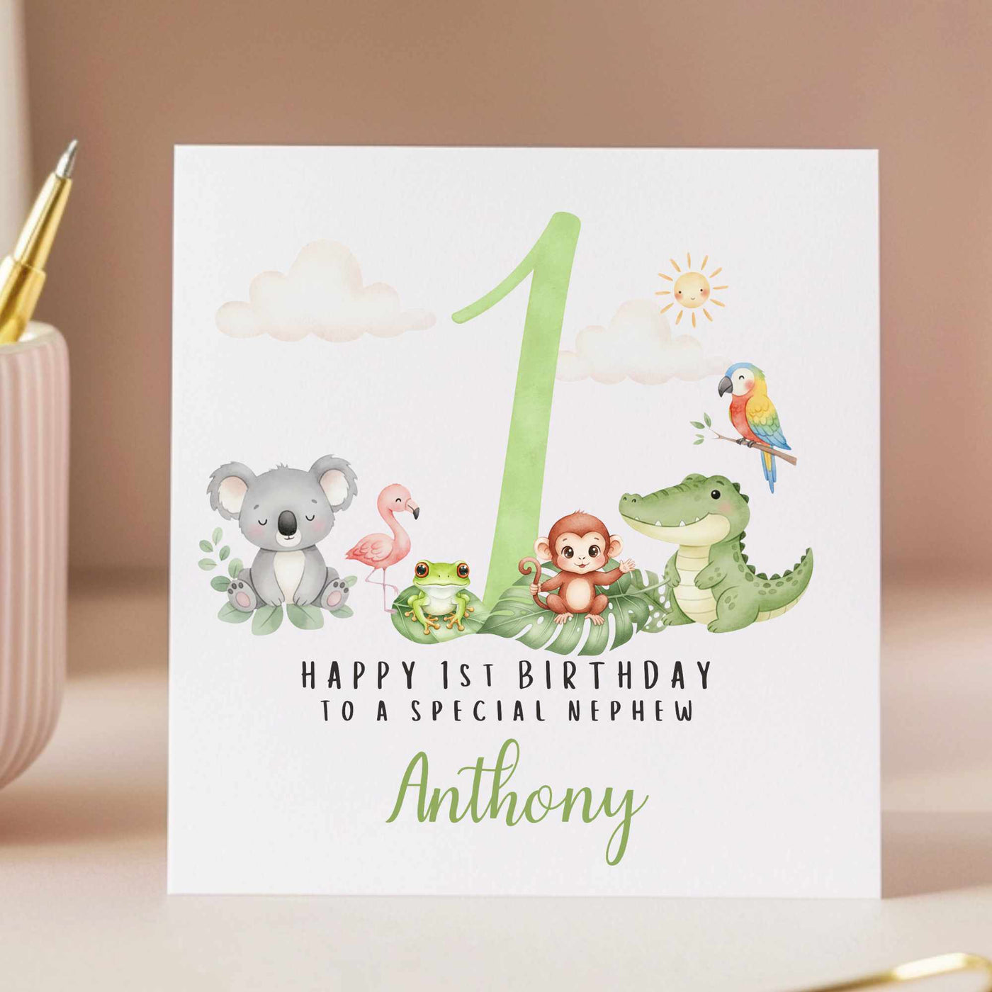 Personalised 1st Birthday Jungle Card - Watercolor Animal Safari Theme - Any Relation