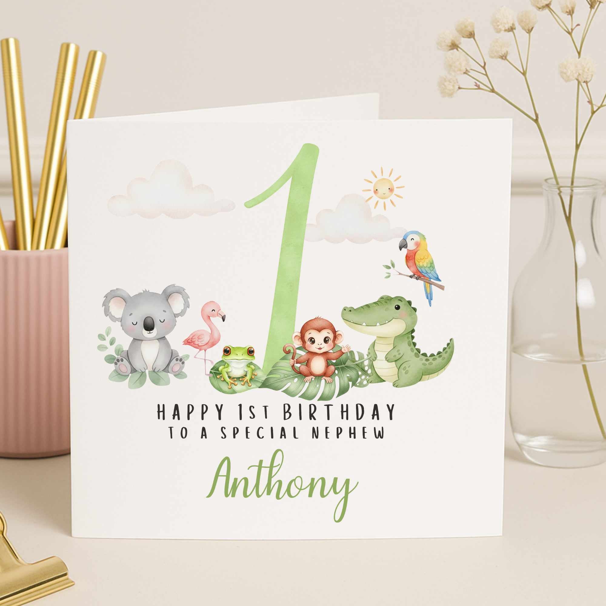Personalised 1st Birthday Jungle Card - Watercolor Animal Safari Theme - Any Relation