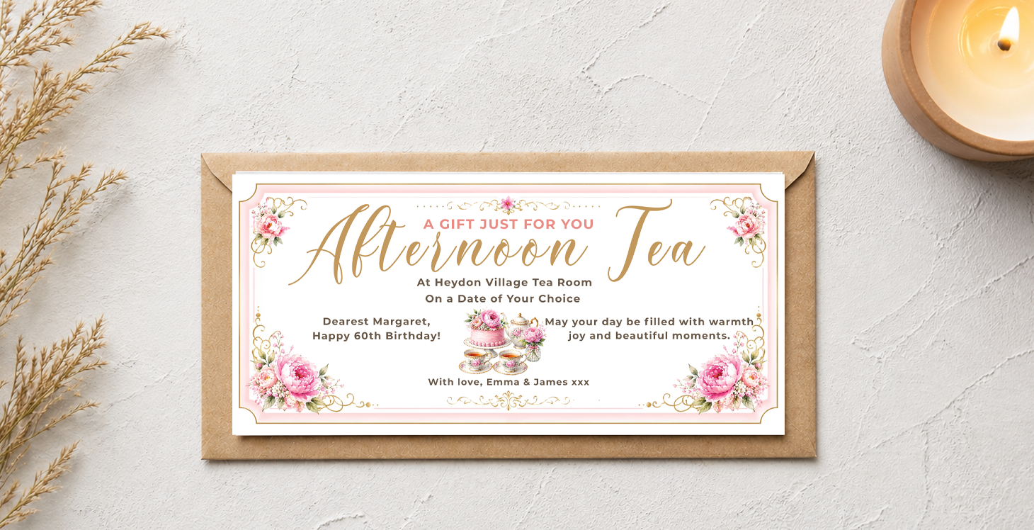 Personalised Afternoon Tea Gift Voucher Card – Elegant Floral Vintage Design