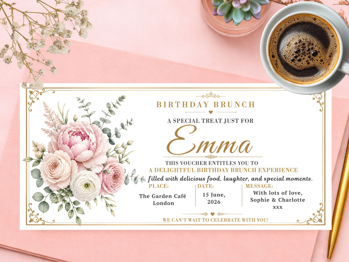 Personalised Birthday Brunch Voucher – Elegant Floral Peony Gift Card