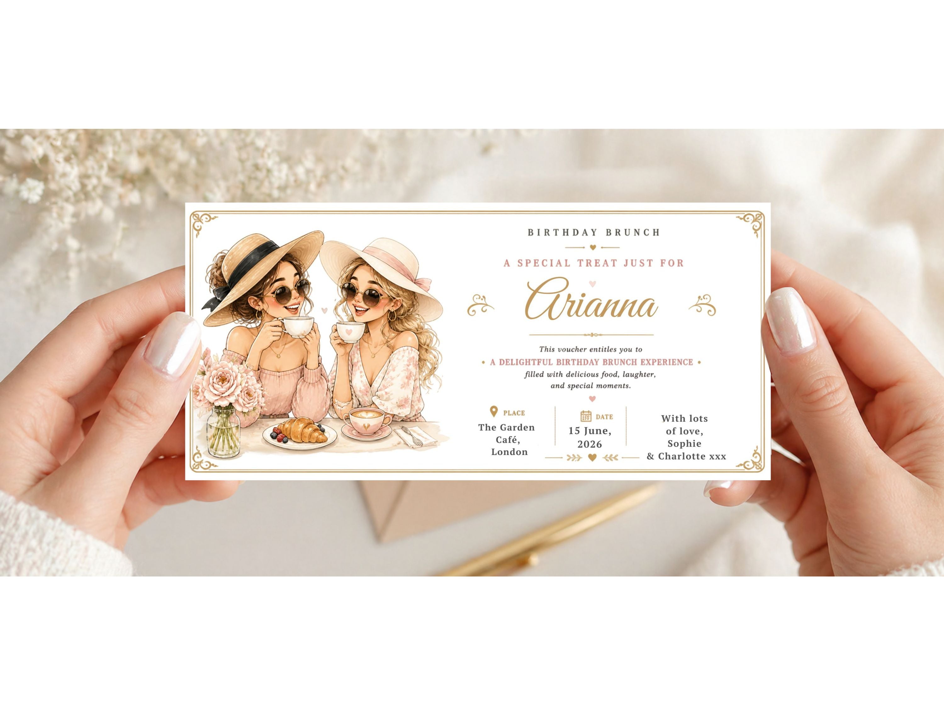 Personalised Birthday Brunch Voucher Card – Girls Café Illustration Invitation