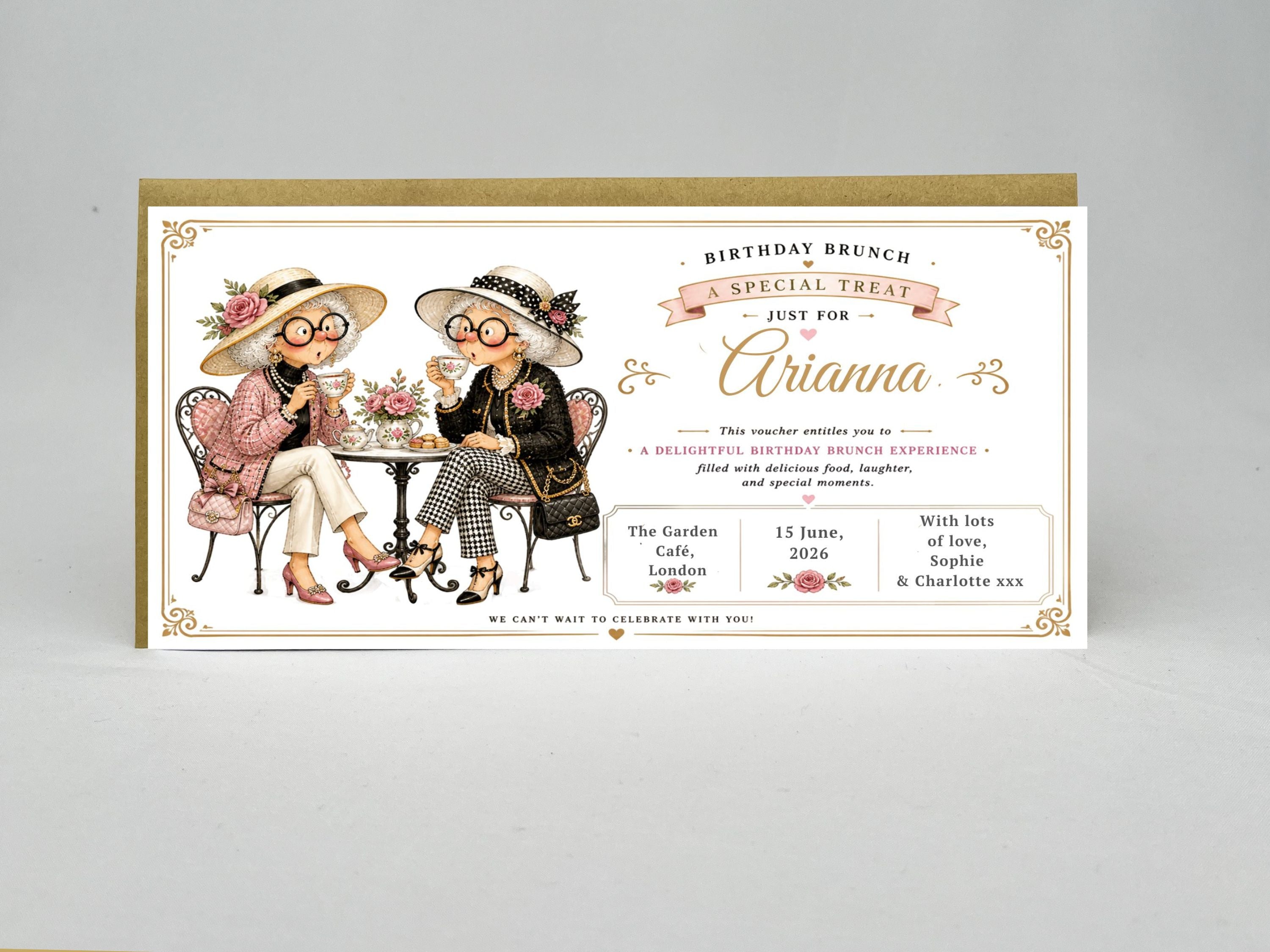 Personalised Birthday Brunch Voucher Card – Vintage Ladies Tea Party Design