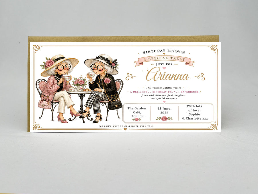 Personalised Birthday Brunch Voucher Card – Vintage Ladies Tea Party Design