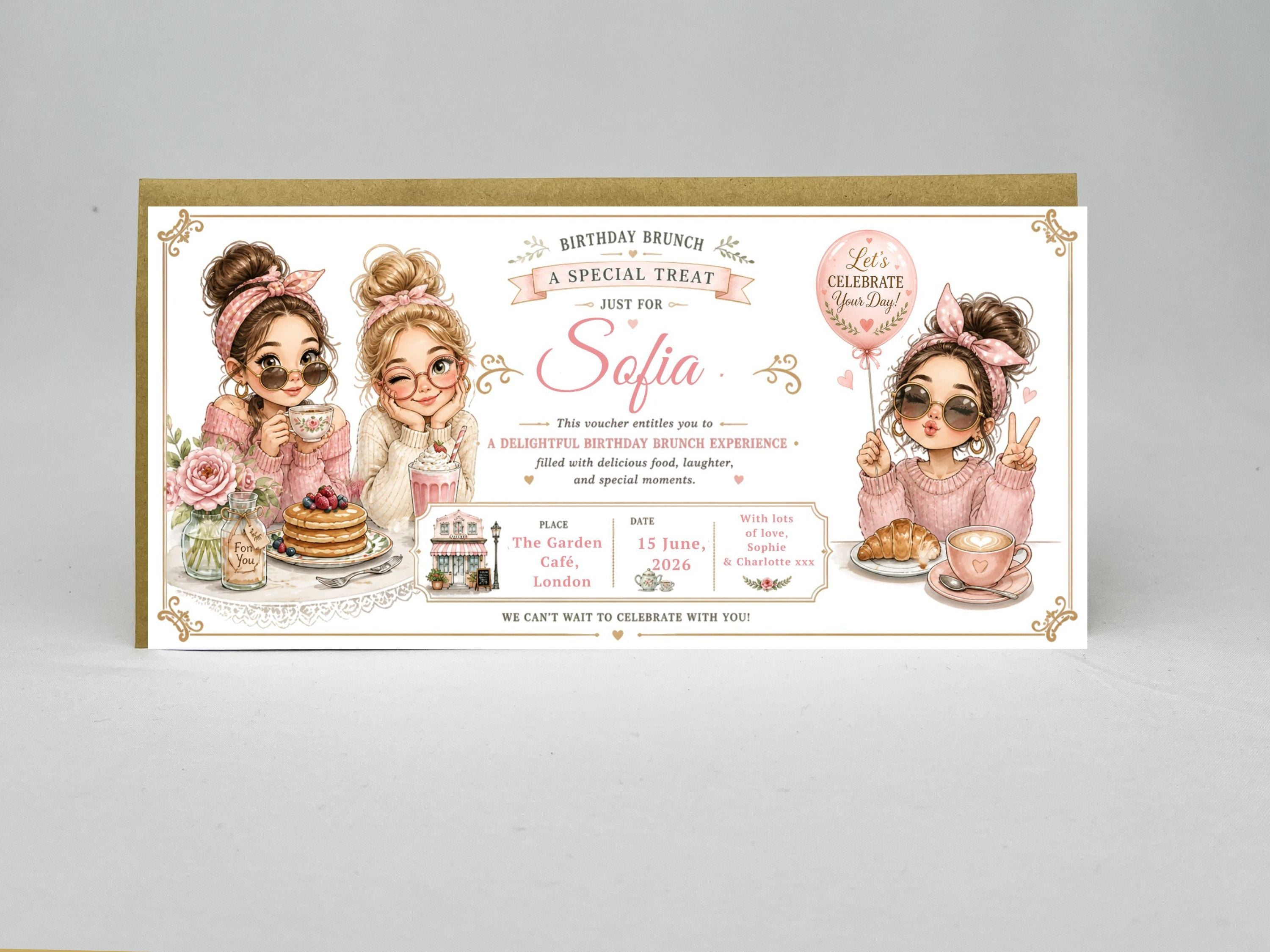 Personalised Birthday Brunch Voucher Card – Cute Girls Brunch Invitation