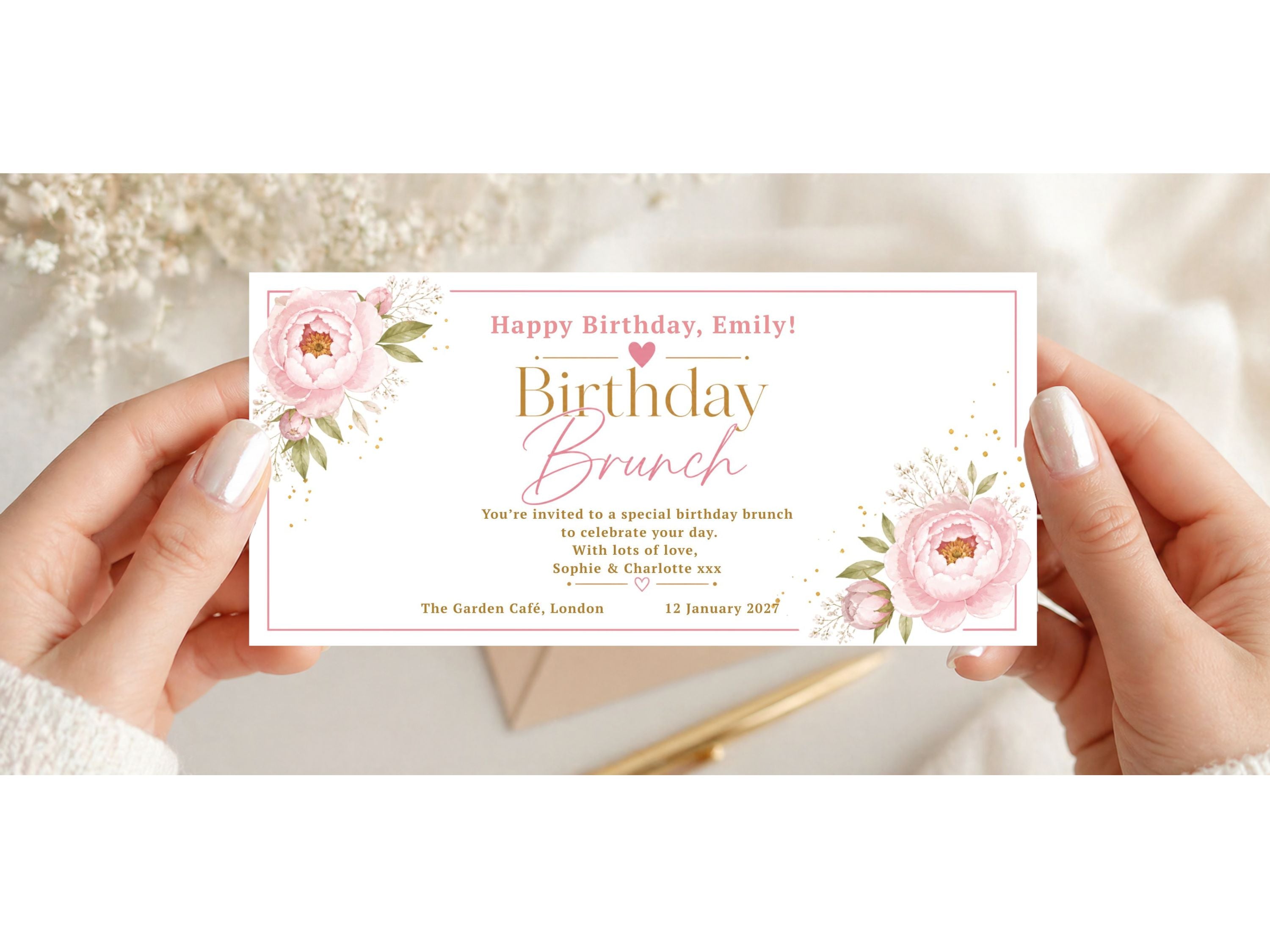 Personalised Birthday Brunch Card – Elegant Blush Pink Peony Floral Invitation