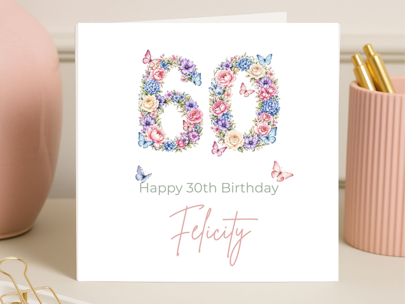 Personalised 60th Birthday Card for Her – Floral Number 60 with Butterflies, Custom Name Elegant Card