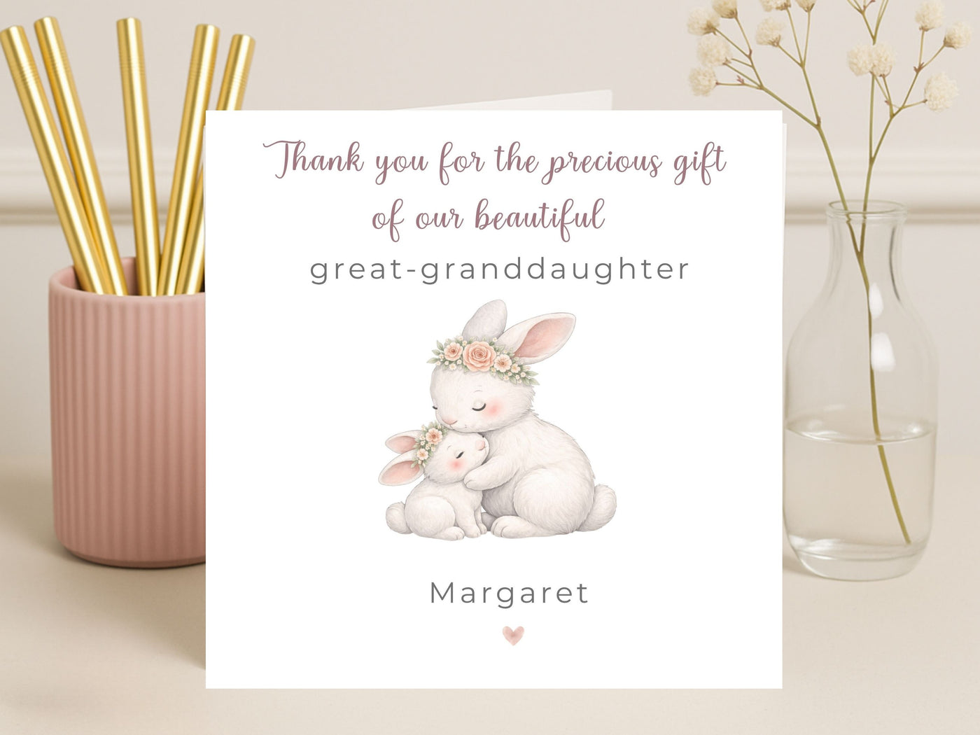 Personalised Great Granddaughter Thank You Card – New Baby Girl Bunny Card, Custom Name Newborn Keepsake, Baby Girl Greeting Card