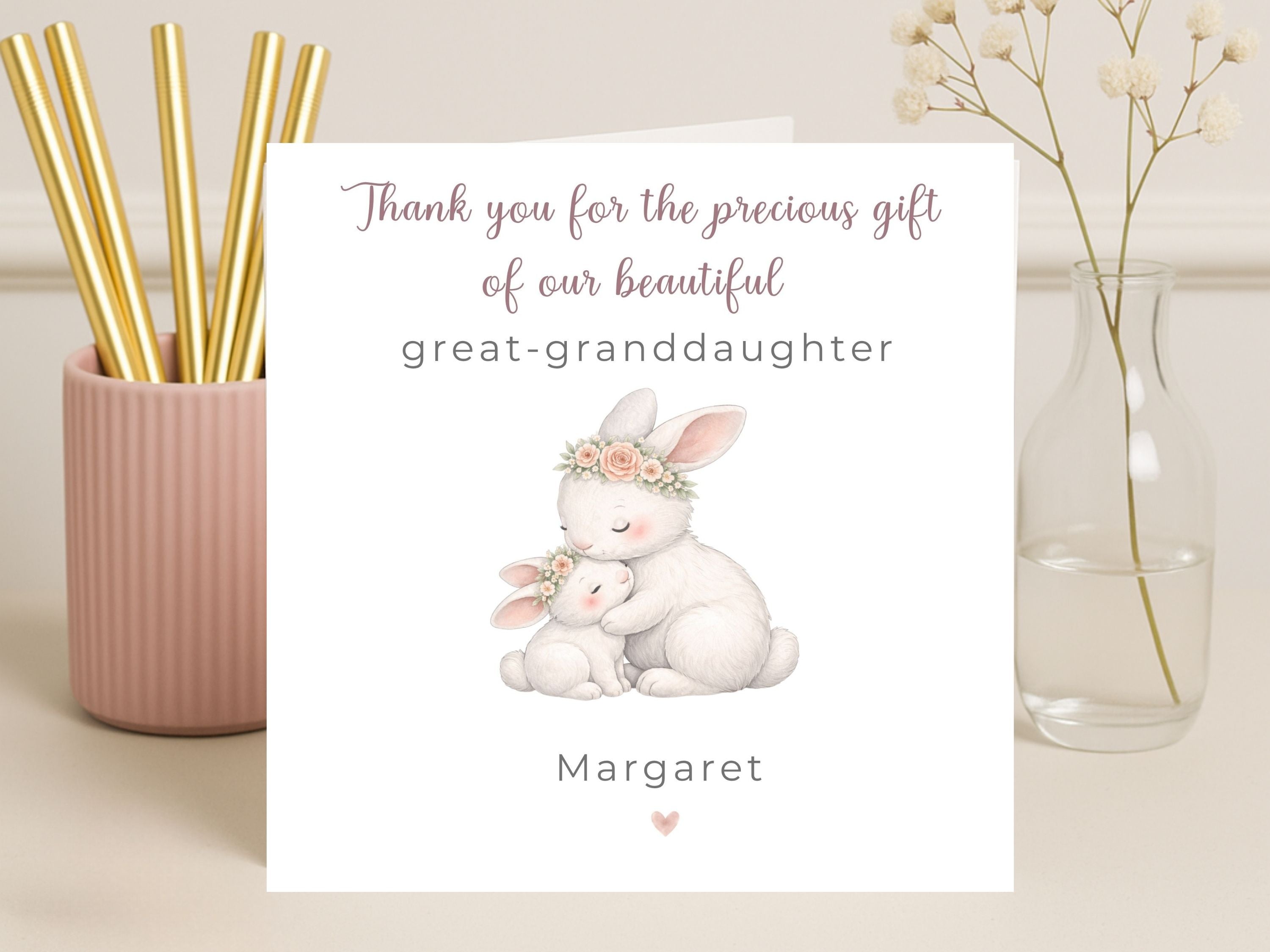 Personalised Great Granddaughter Thank You Card – New Baby Girl Bunny Card, Custom Name Newborn Keepsake, Baby Girl Greeting Card