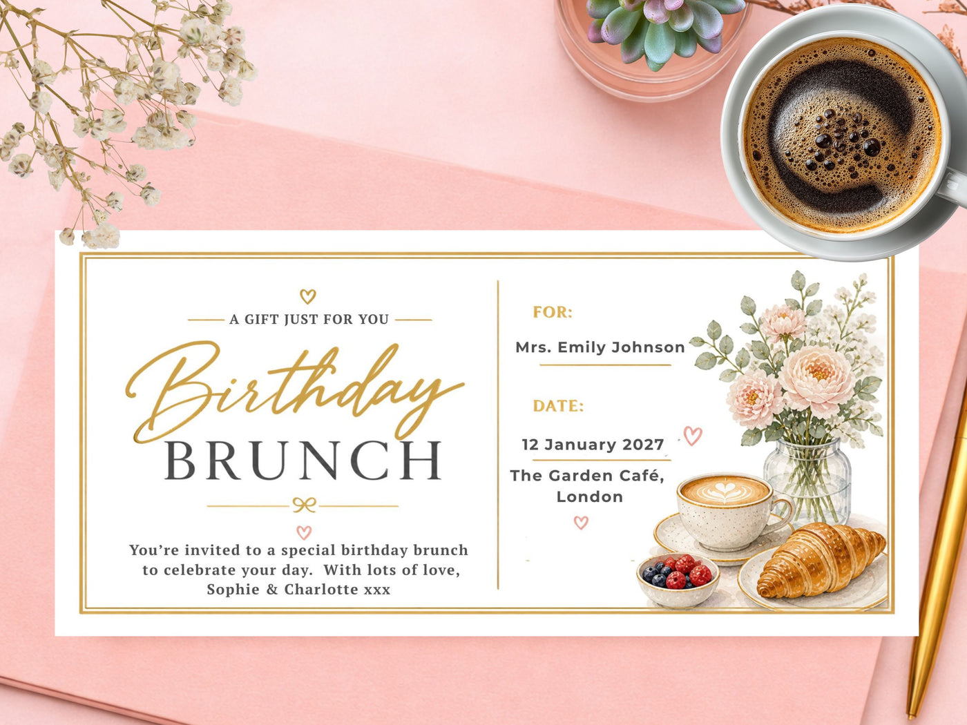 Personalised Birthday Brunch Card – Café Style Floral Coffee Invitation