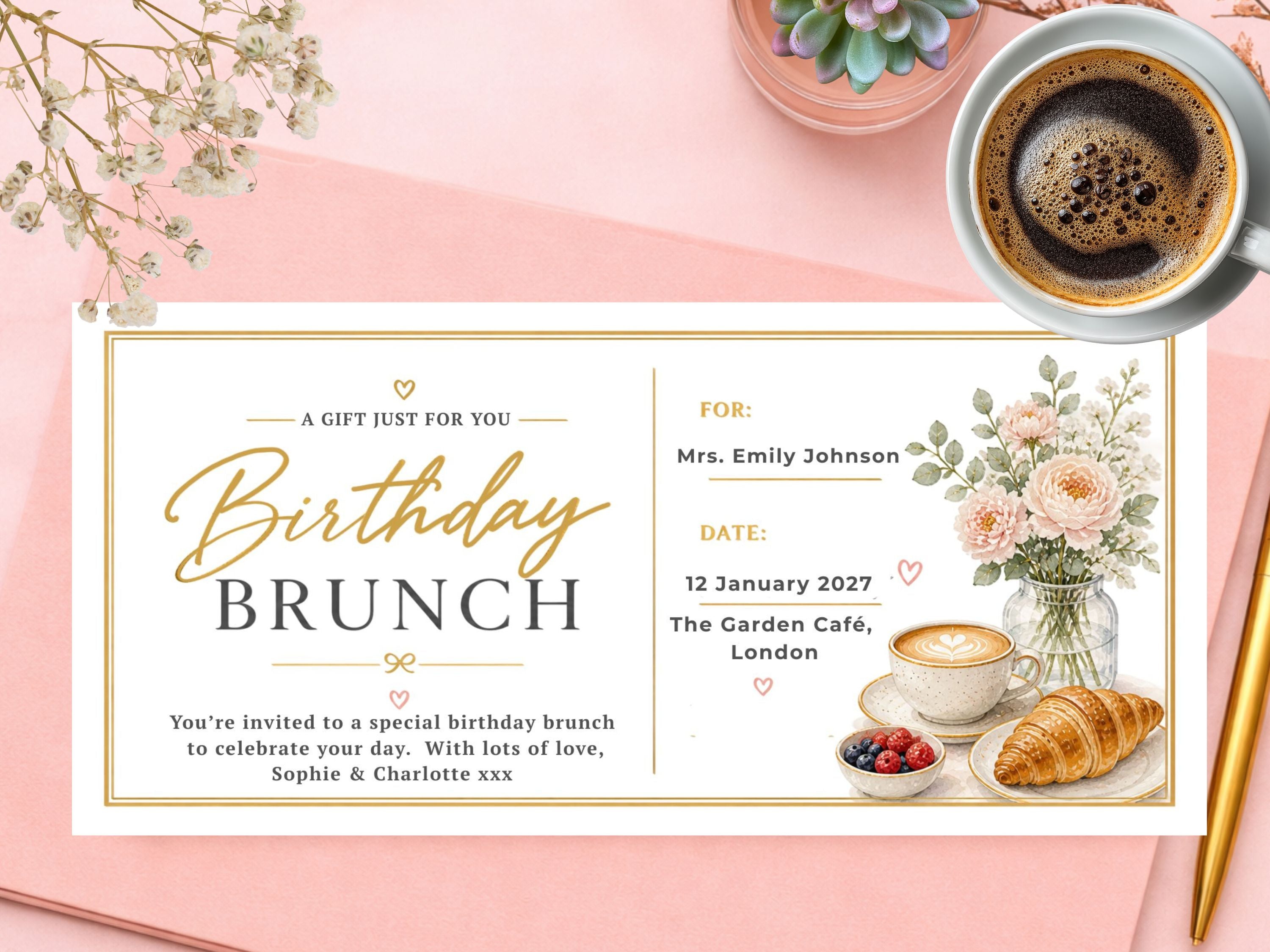 Personalised Birthday Brunch Card – Café Style Floral Coffee Invitation
