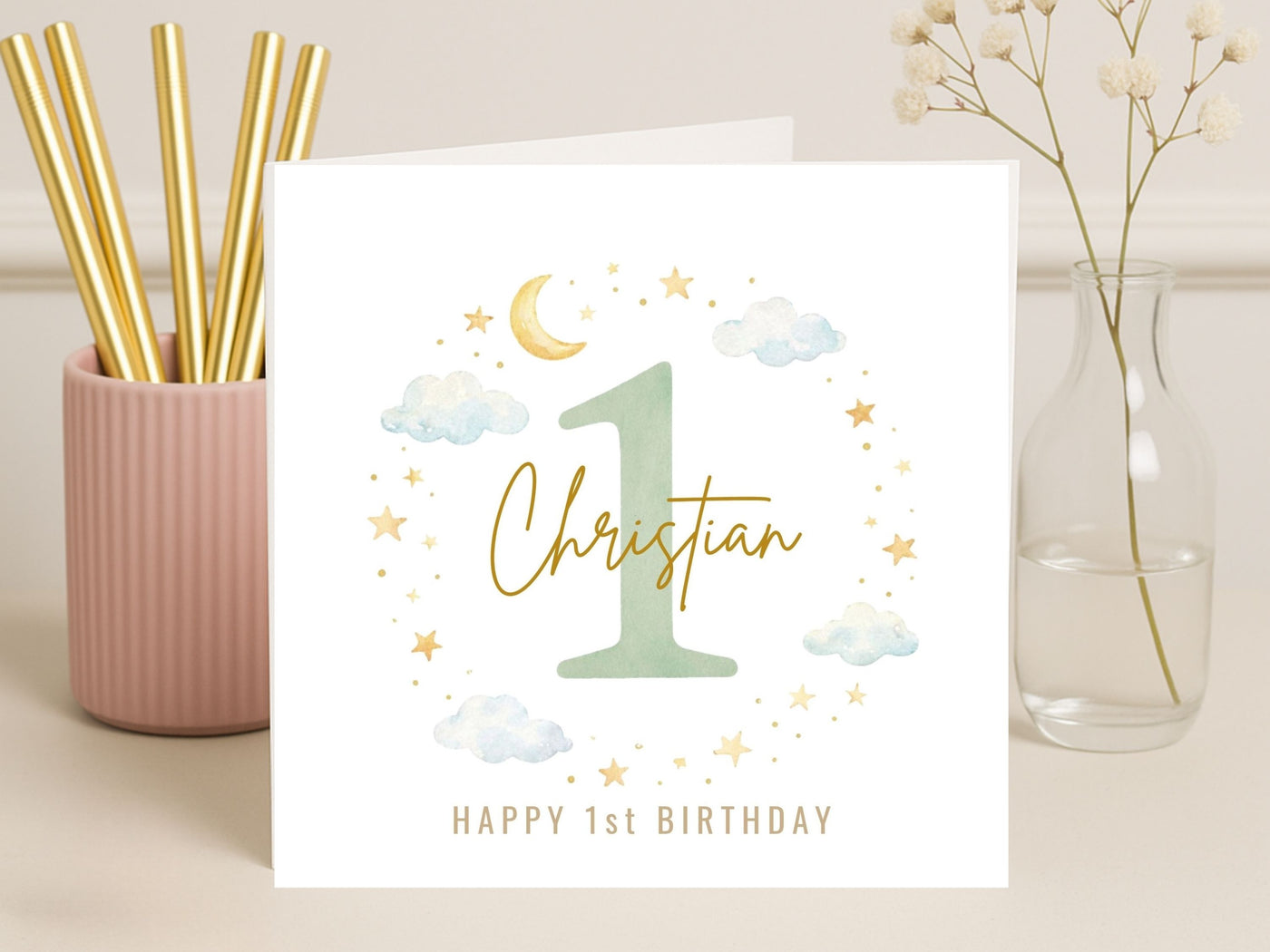 Personalised 1st Birthday Card Boy, Custom Name First Birthday Card, Cute Moon Stars Baby Card, 1 Year Old Birthday Card UK