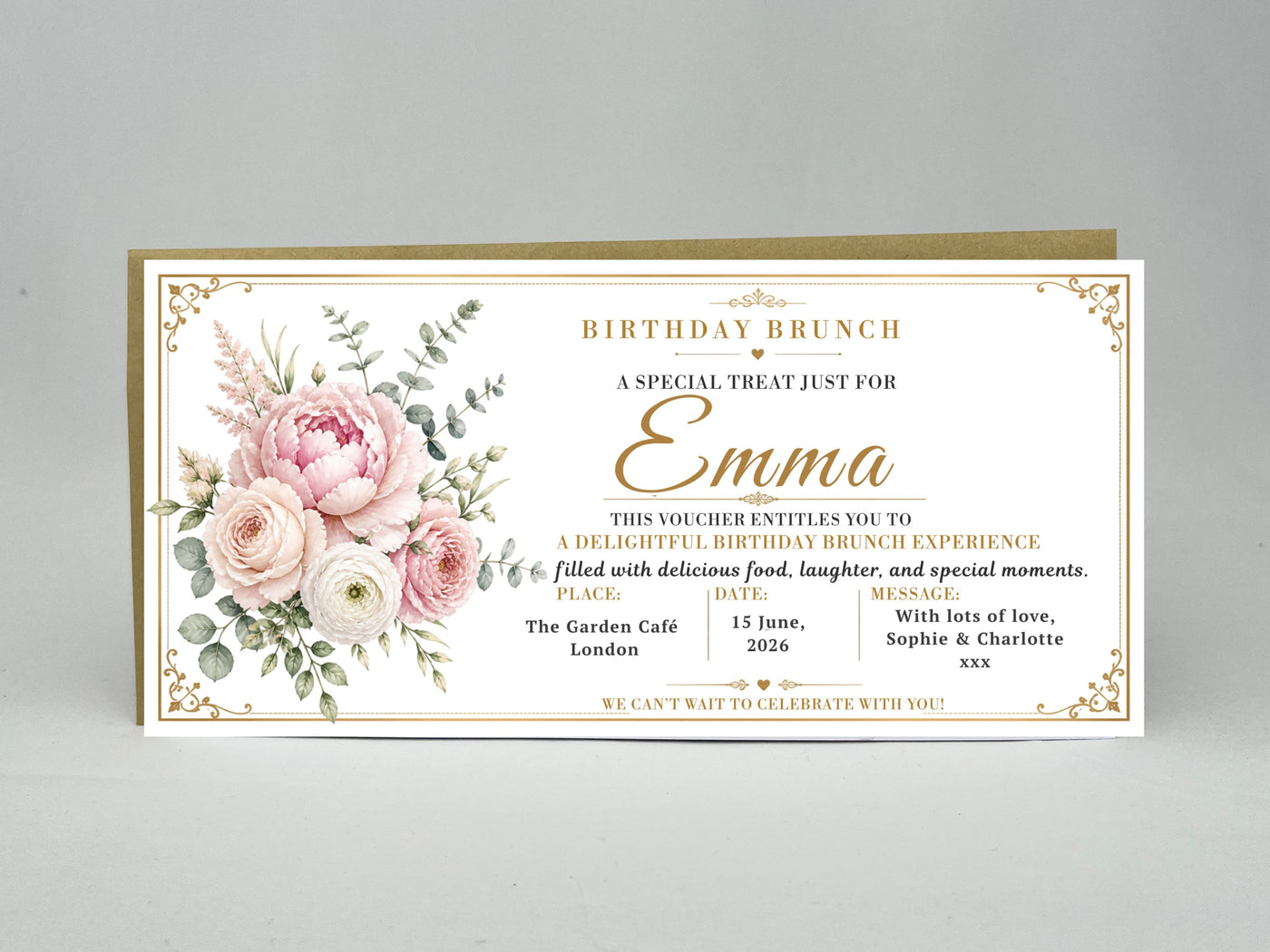 Personalised Birthday Brunch Voucher – Elegant Floral Peony Gift Card