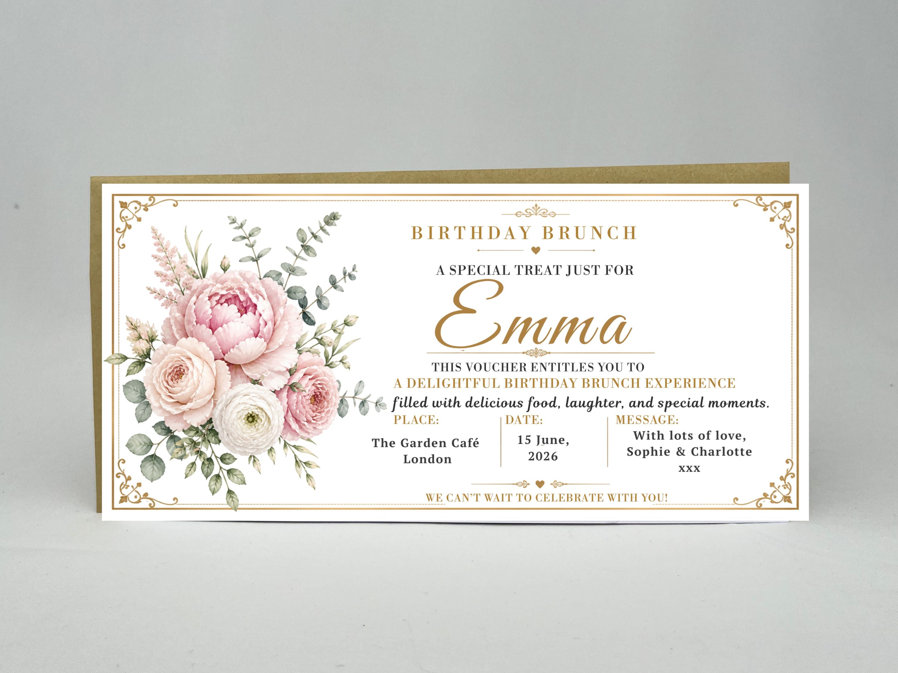 Personalised Birthday Brunch Voucher – Elegant Floral Peony Gift Card