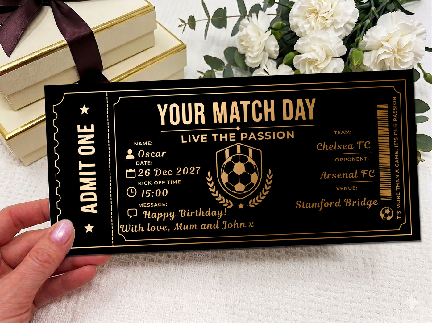 Personalised Football Match Day Ticket Voucher (Physical Gift Card)