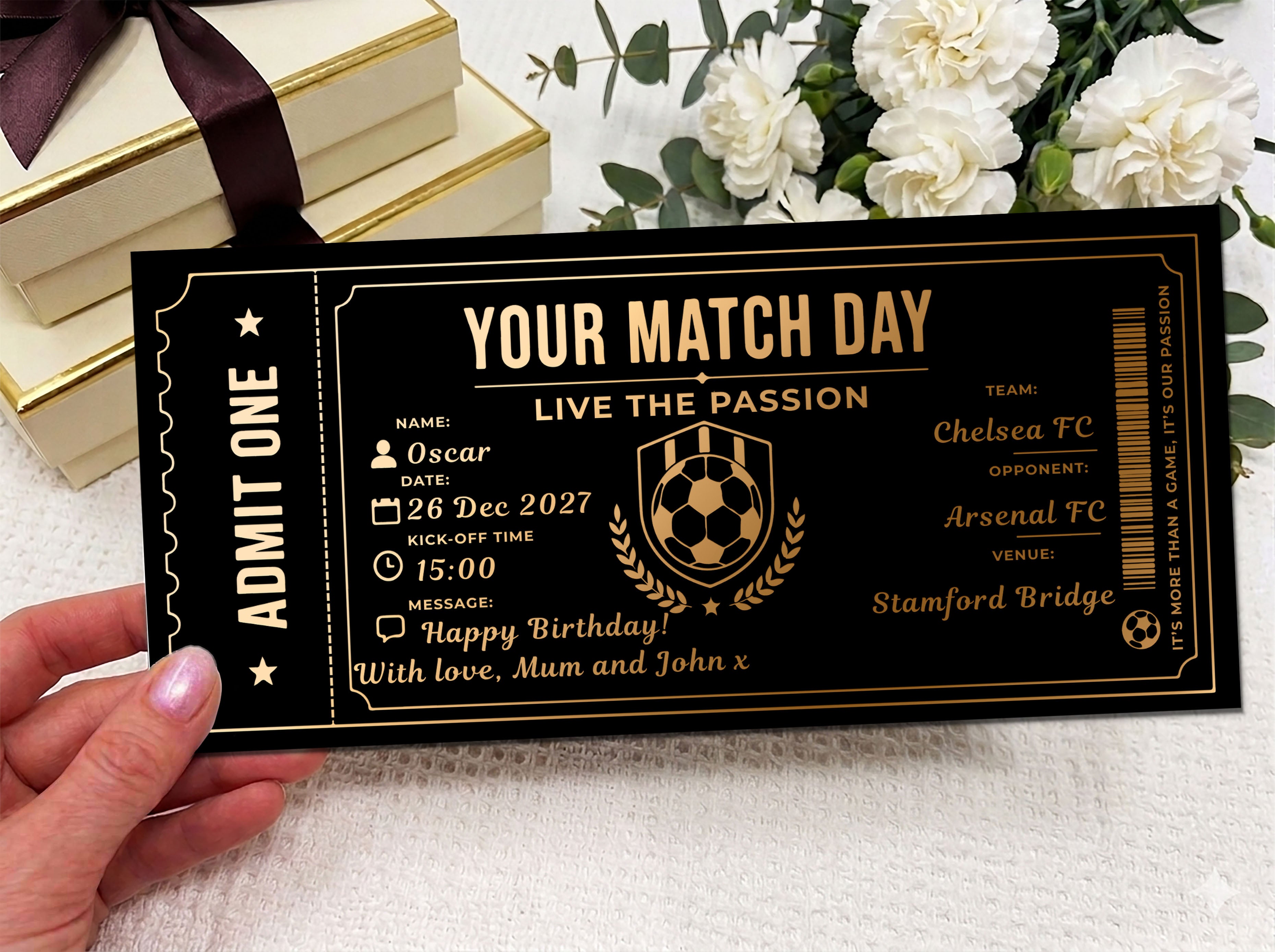 Personalised Football Match Day Ticket Voucher (Physical Gift Card)