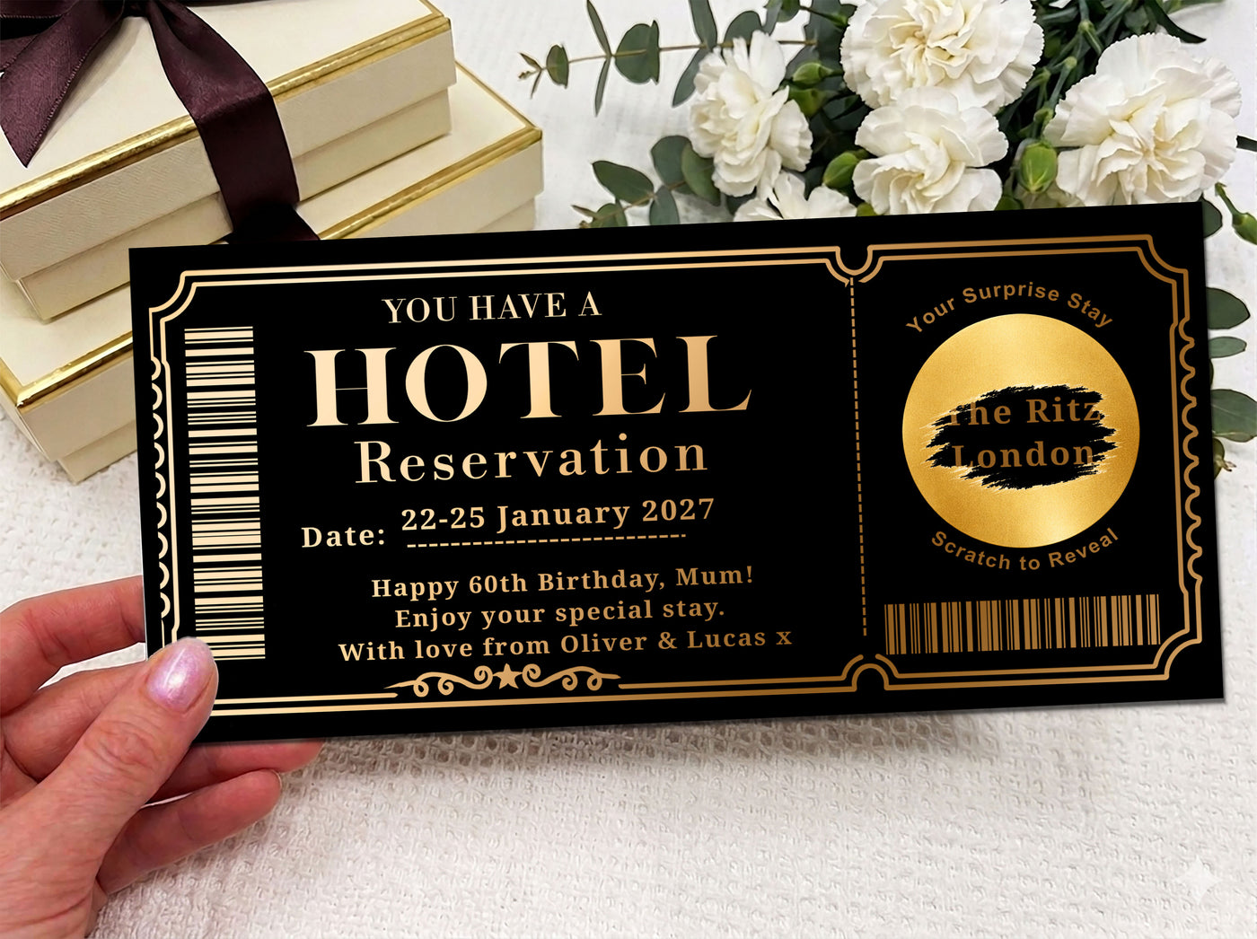 Personalised Hotel Stay Surprise Card, Scratch Off Travel Reveal Voucher, Luxury Birthday or Anniversary Gift