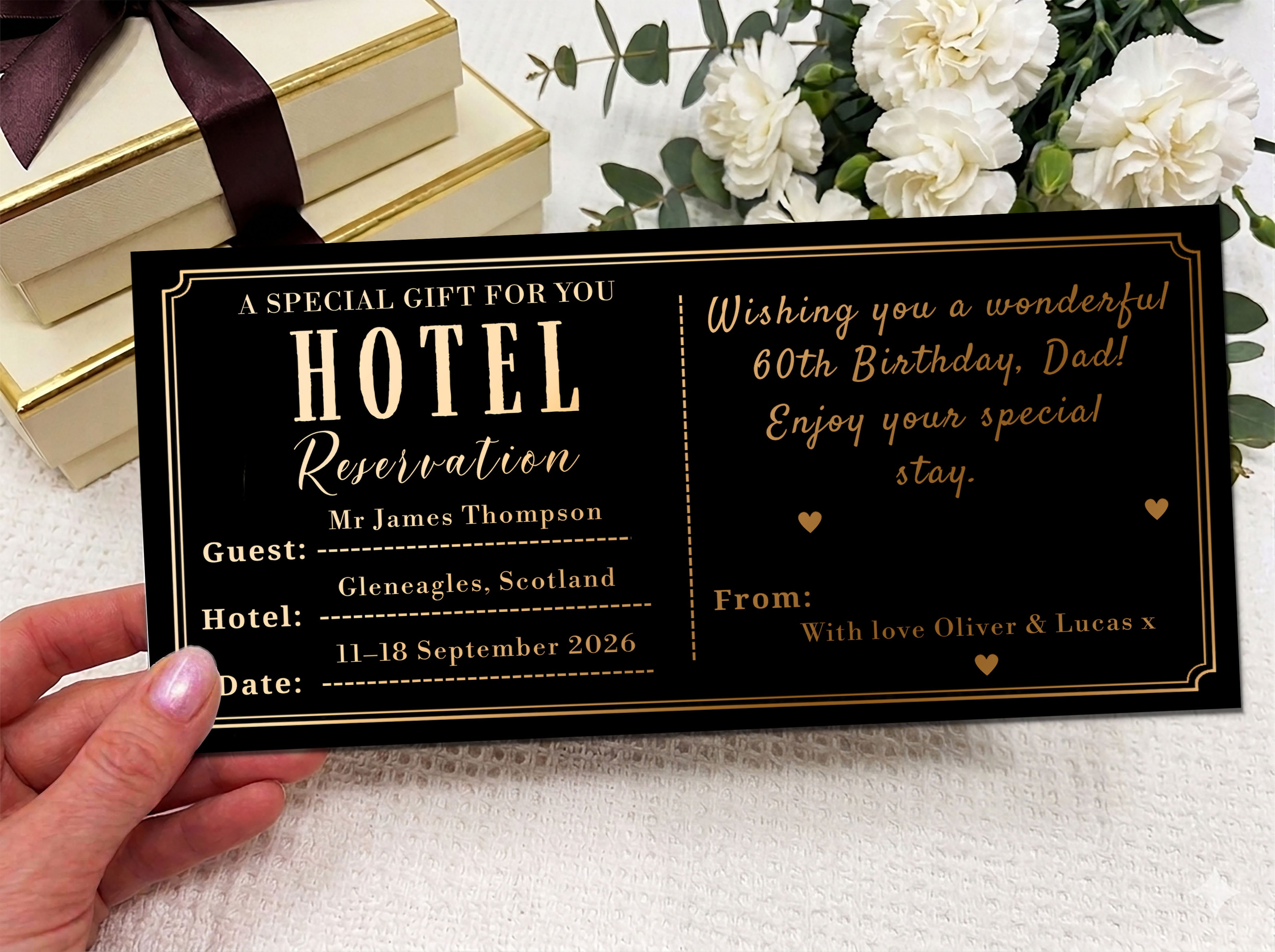 Personalised Hotel Stay Reservation Card, Luxury Travel Gift Voucher, Birthday or Anniversary Surprise
