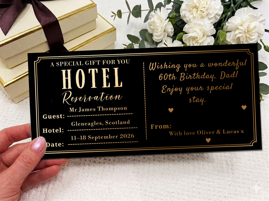 Personalised Hotel Stay Reservation Card, Luxury Travel Gift Voucher, Birthday or Anniversary Surprise