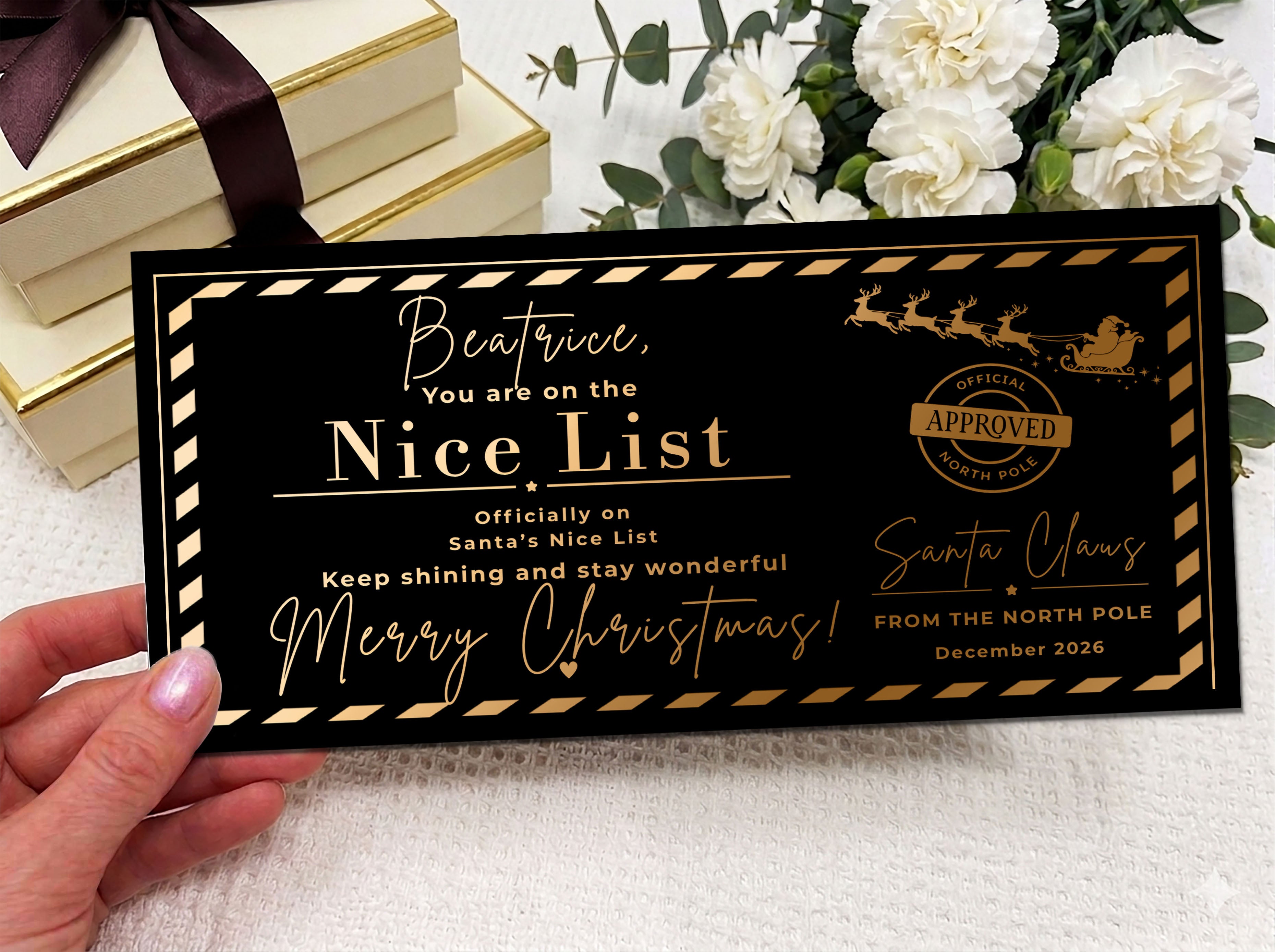 Personalised Santa Boarding Pass – Luxury Christmas Voucher, Custom North Pole Travel Ticket (Physical Card)
