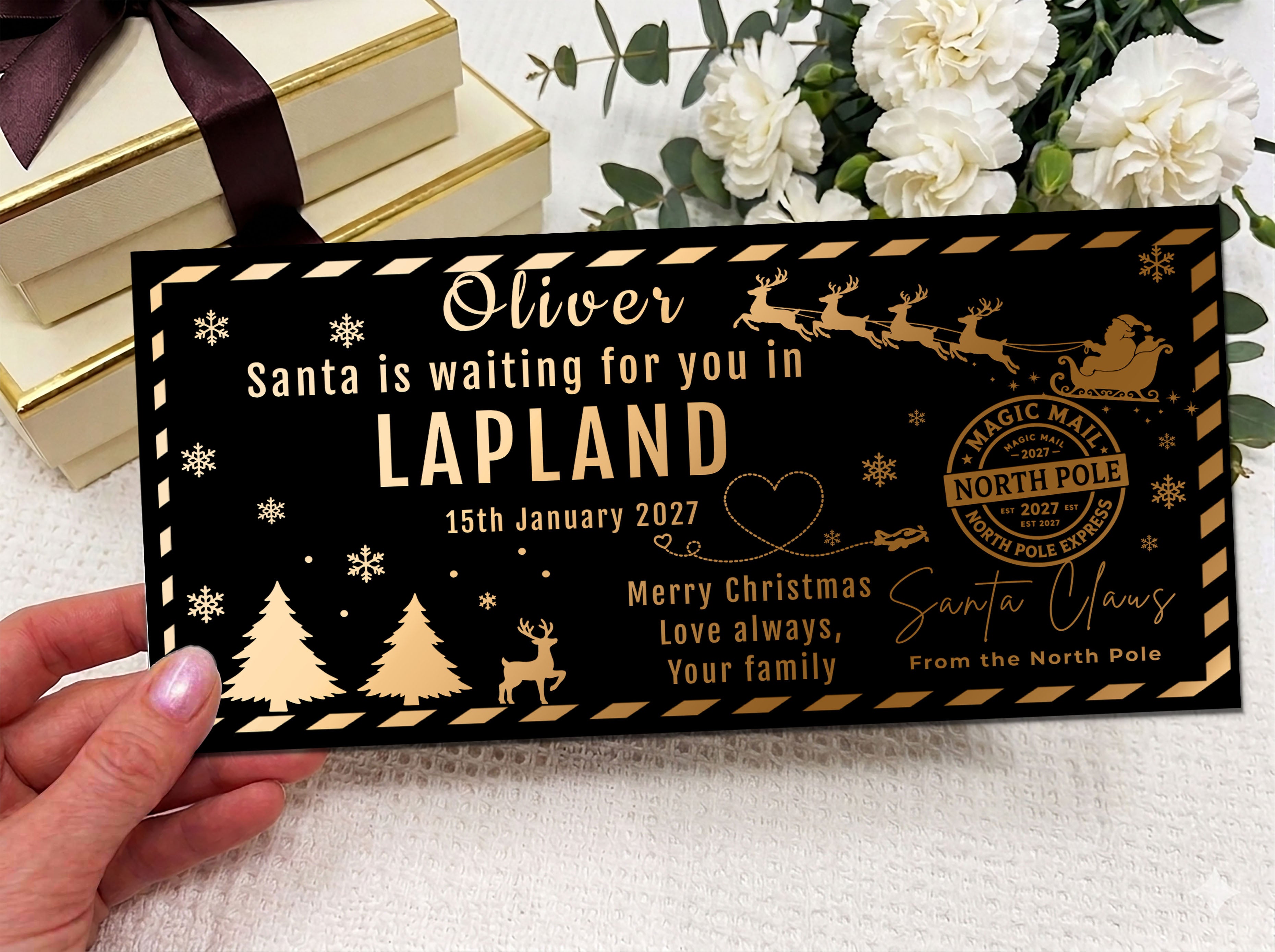 Personalised Lapland Boarding Pass – Santa Christmas Voucher, Custom Travel Ticket (Physical Card)