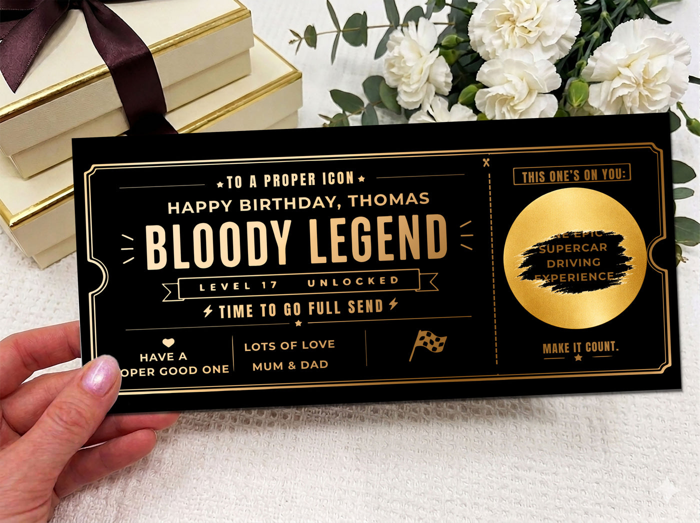 Personalised “Bloody Legend” Supercar Experience Voucher Card (Physical Gift)