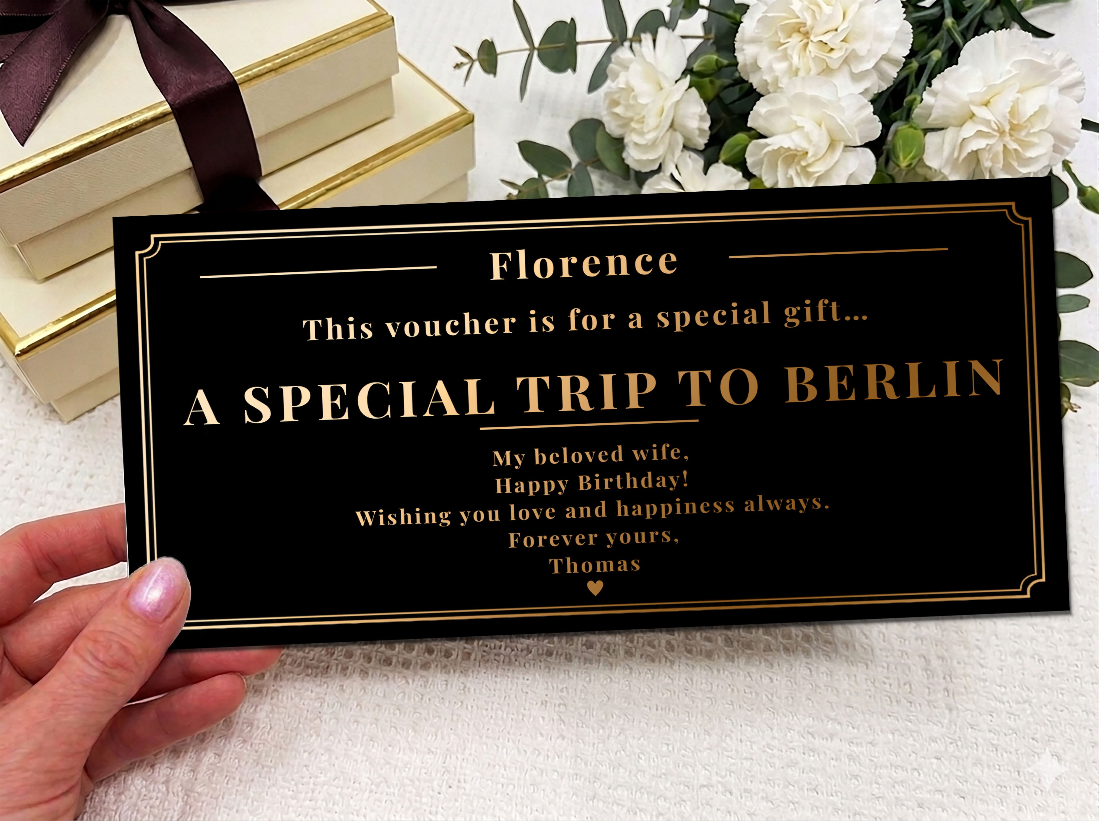 Personalised Trip Reveal Gift Card – Luxury Gold Foil Voucher, Custom Travel Surprise (Physical Card)