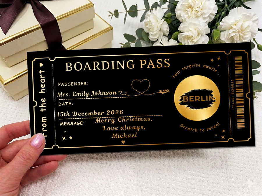 Personalised Boarding Pass Gift Card – Berlin Trip Voucher, Custom Christmas Travel Surprise
